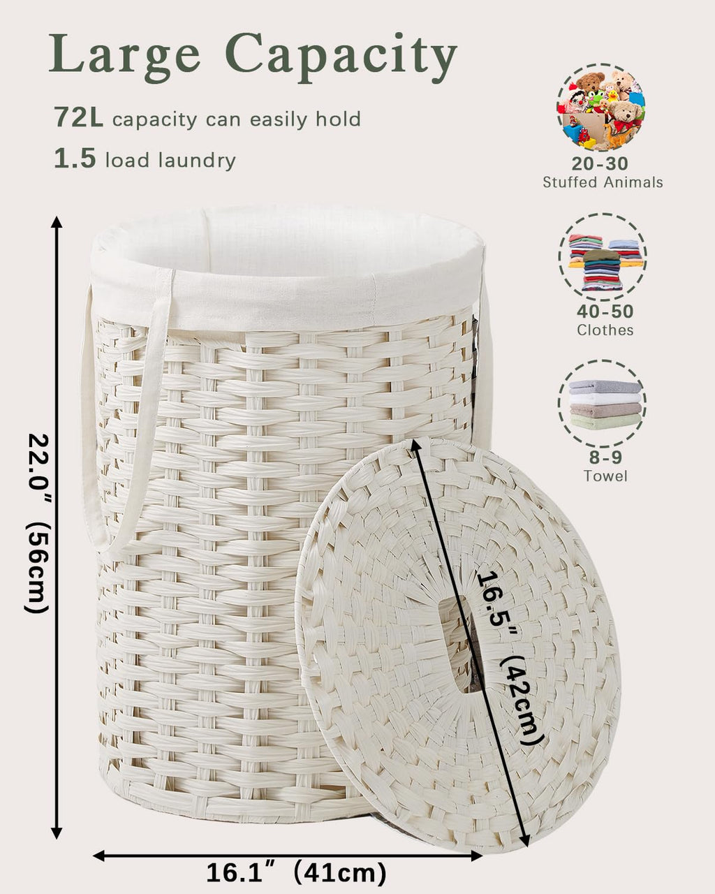 SETVSON Laundry Hamper with Lid Laundry Basket with Lid 19.0 Gal (72 L) Round Wicker Laundry Basket Handwoven Rattan Basket with Lid Removable Bag 2 Mesh Bags Handles for Living Room Bathroom Black