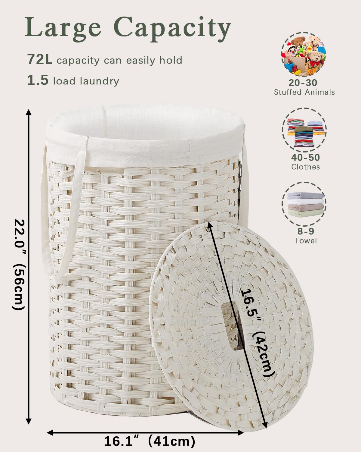 SETVSON Laundry Hamper with Lid Laundry Basket with Lid 19.0 Gal (72 L) Round Wicker Laundry Basket Handwoven Rattan Basket with Lid Removable Bag 2 Mesh Bags Handles for Living Room Bathroom Black