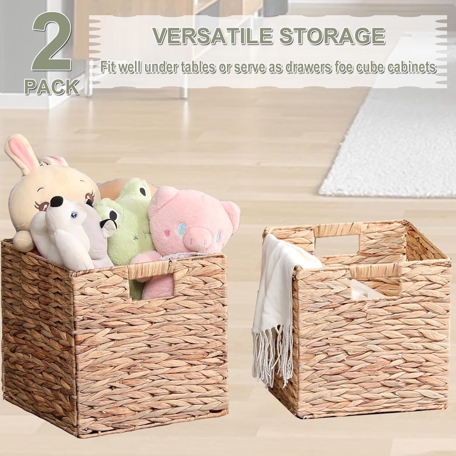 Water Hyacinth Storage Baskets 11x11x11 Inch Wicker Storage Cubes Set of 2Baskets,Handwoven Foldable Wicker Cubes with Sturdy Handles, Rustic Laundry Organizer for Bedroom Shelves, Kitchen, Bathroom