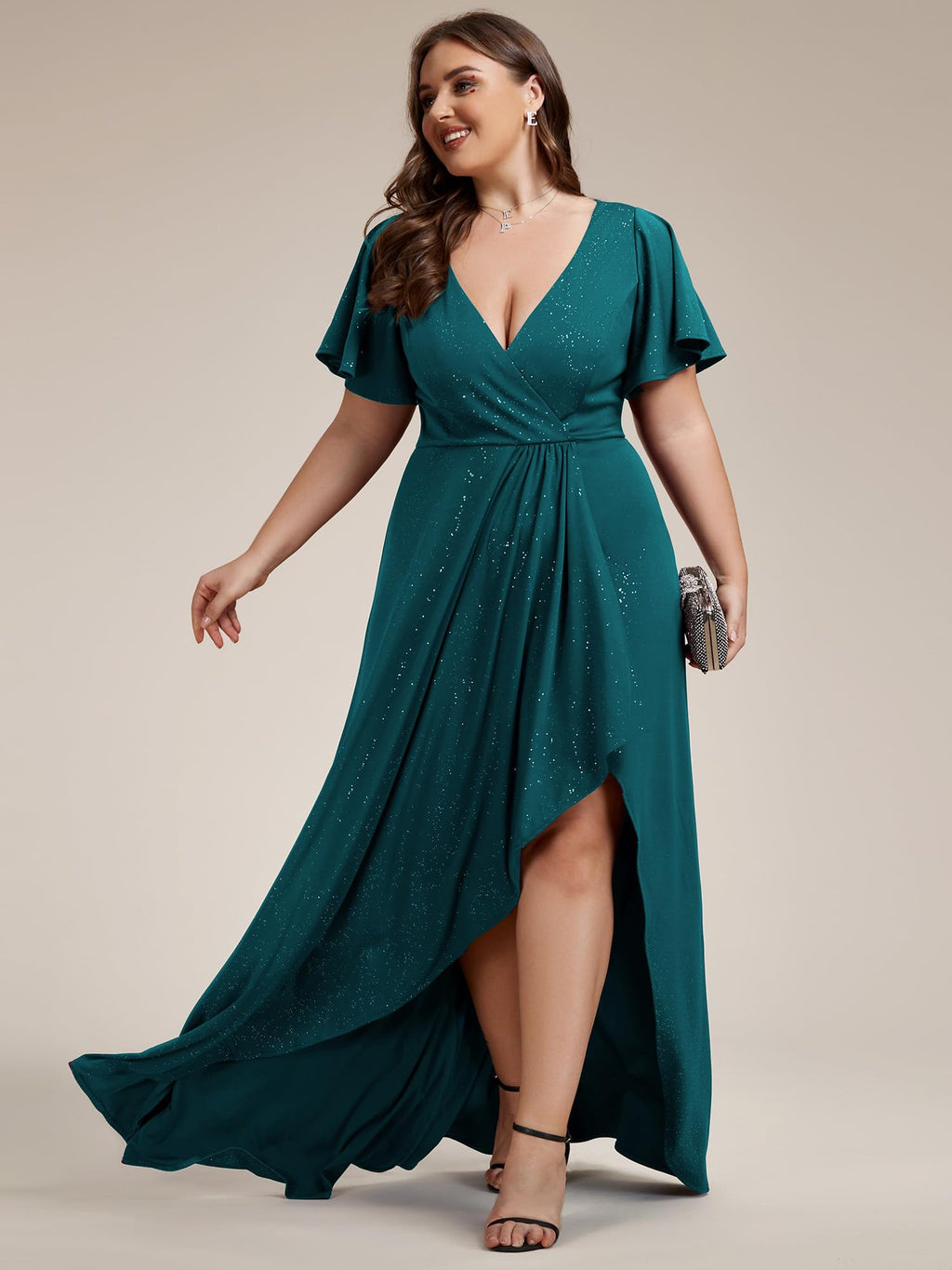 Ever-Pretty Glitter Formal Dresses for Cuvvy Women Plus Size A-line High Low Wedding Guest Gala Dress with Ruffles Sleeves