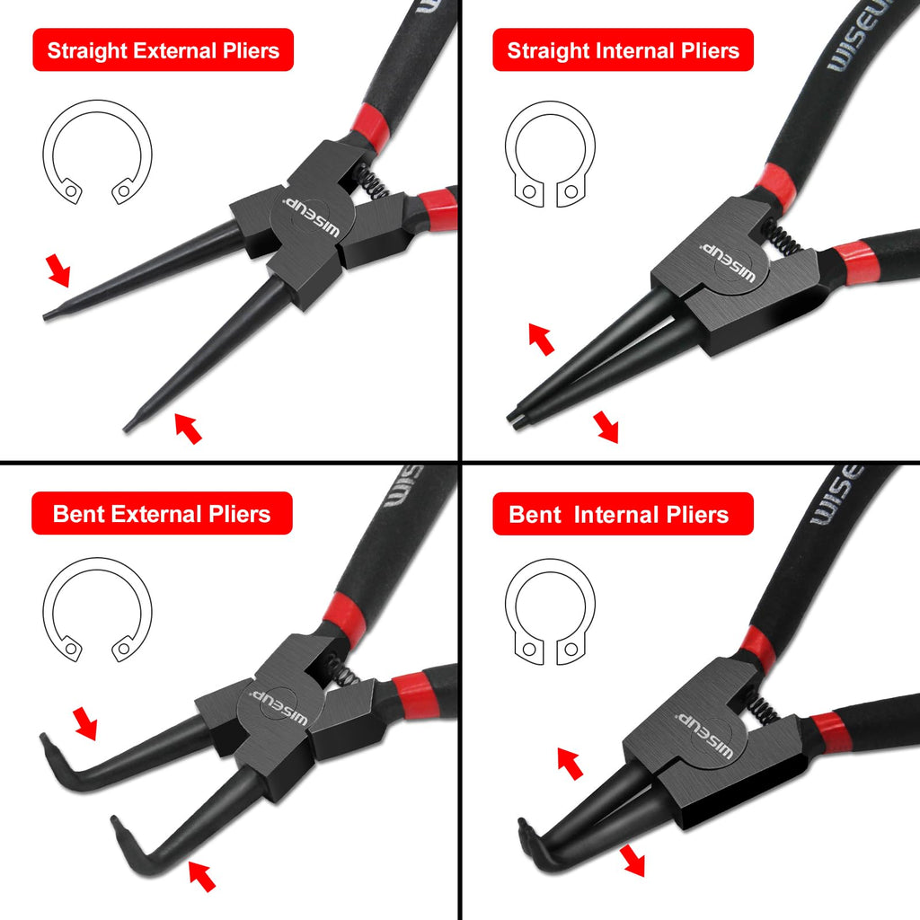 WISEUP Snap Ring Pliers Set, Heavy Duty 4PCS-7 inch Internal/External Circlip Pliers Kit, Straight/Bent Jaw Tips for C-Clip Ring Remover