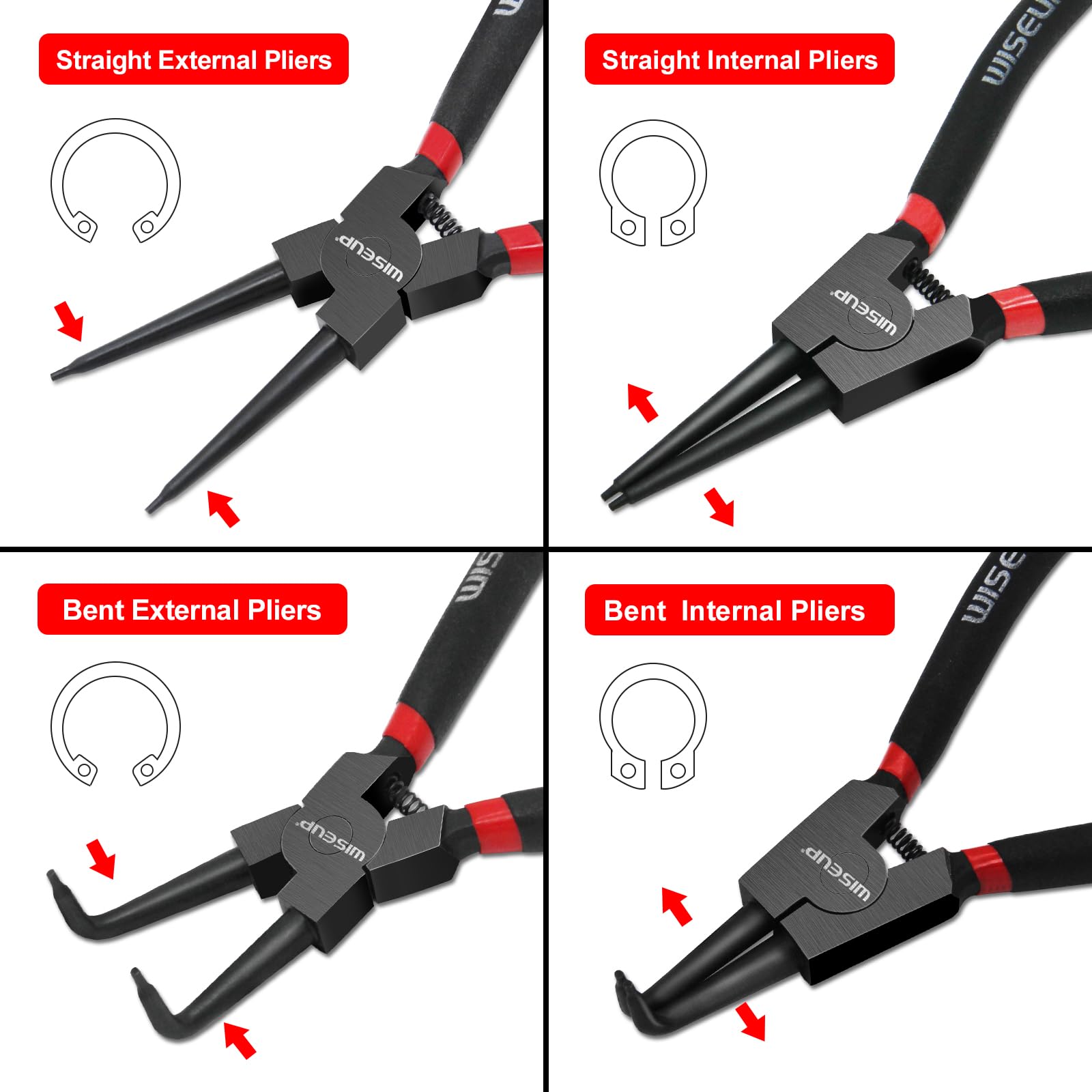 WISEUP Snap Ring Pliers Set, Heavy Duty 4PCS-7 inch Internal/External Circlip Pliers Kit, Straight/Bent Jaw Tips for C-Clip Ring Remover