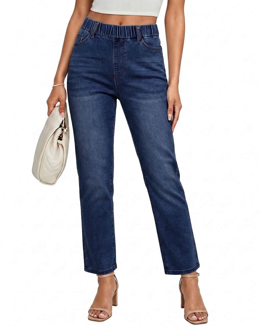 GRAPENT Straight Leg Jeans for Women Trendy Pull On High Waisted Cropped Elastic Waist Stretchy Denim Pants Ankle Jeans