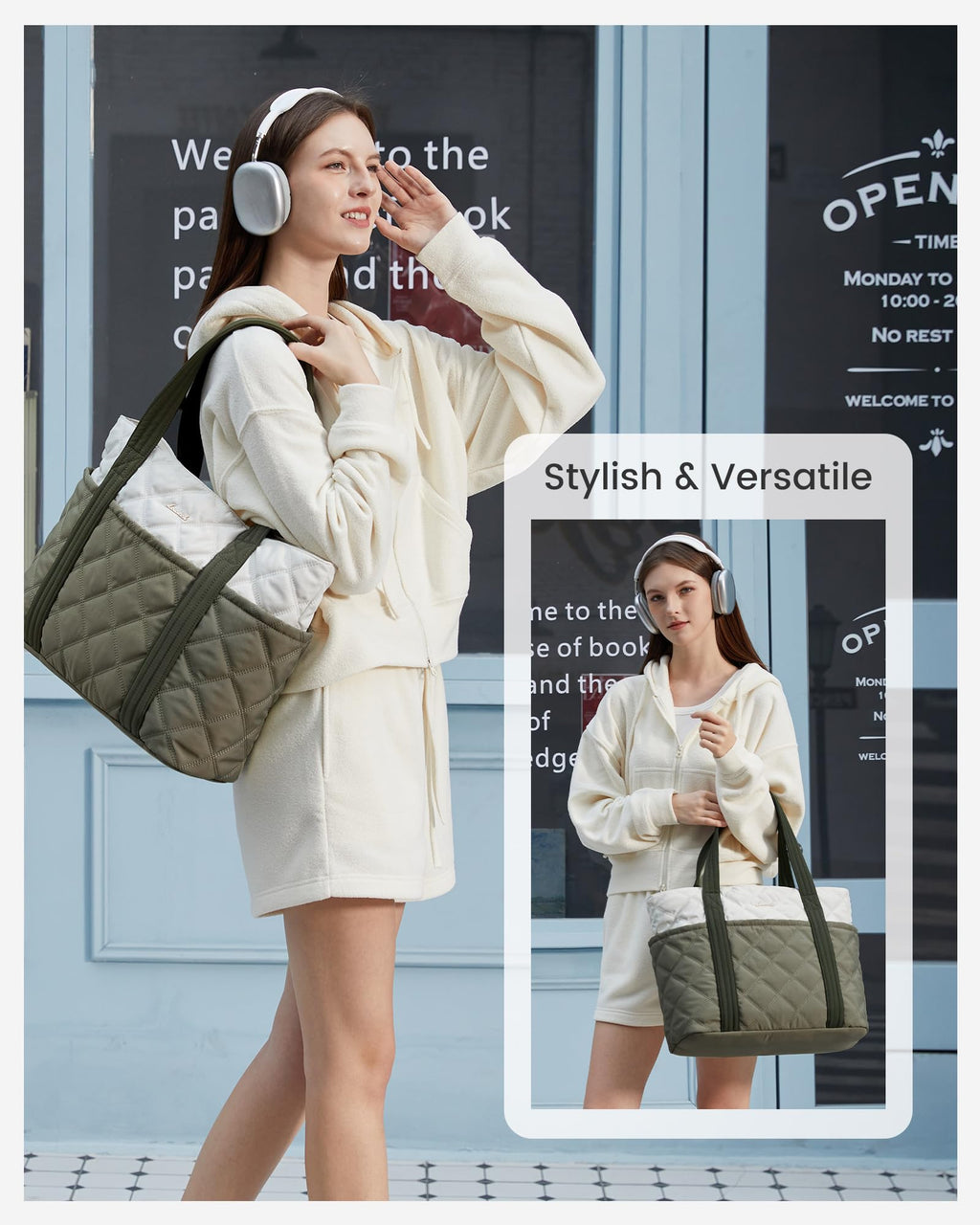 LOVEVOOK Puffer Tote Bag for Women, Puffy Work Handbag with Cup Holder, Travel Carry On Bag with Zipper for Teacher Nurse Gym