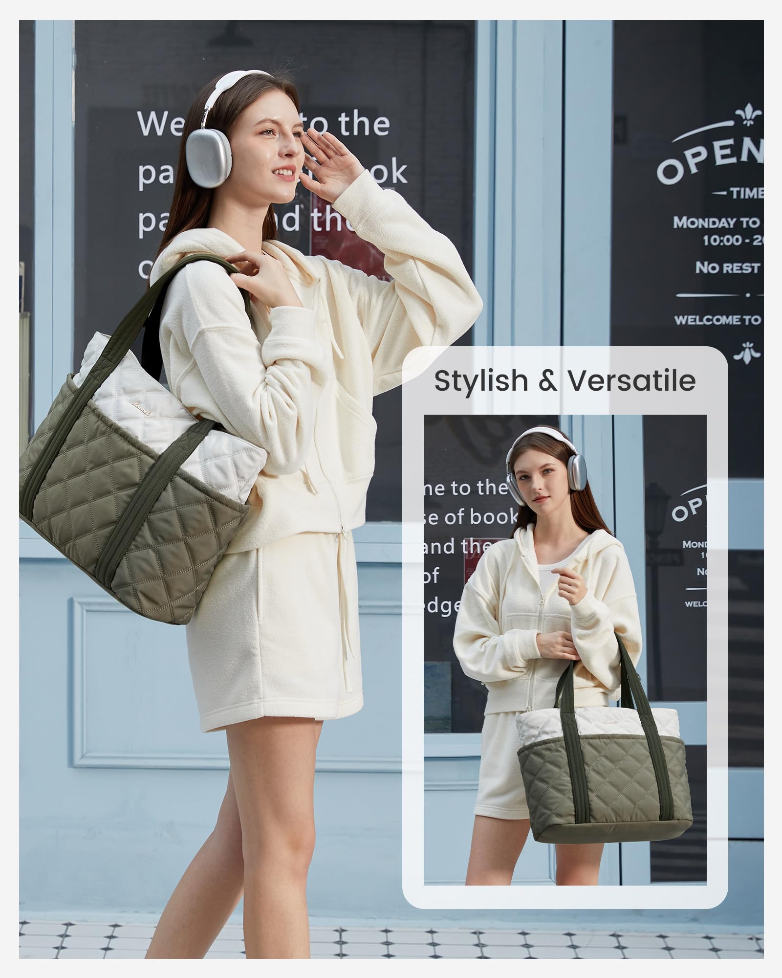 LOVEVOOK Puffer Tote Bag for Women, Puffy Work Handbag with Cup Holder, Travel Carry On Bag with Zipper for Teacher Nurse Gym