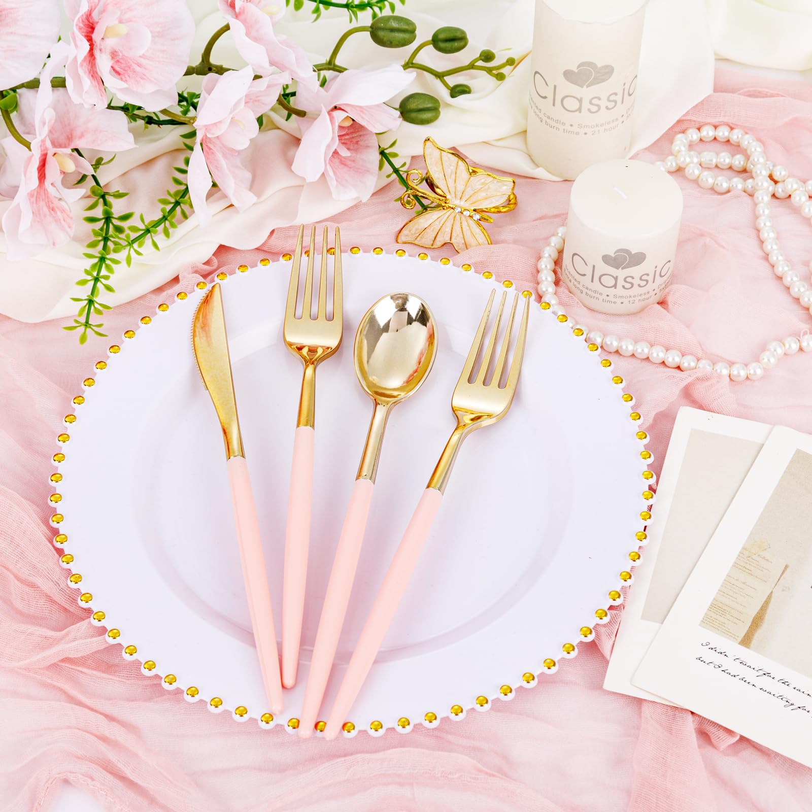 Supernal 102 Pcs Black and Gold Plastic Silverware Set,Heavy Duty Gold Disposable Cutlery for 34 Guests (34 Forks,34 Spoons,34 Knives),Elegant Plastic Flatware for Weddings,Parties & Upscale Events