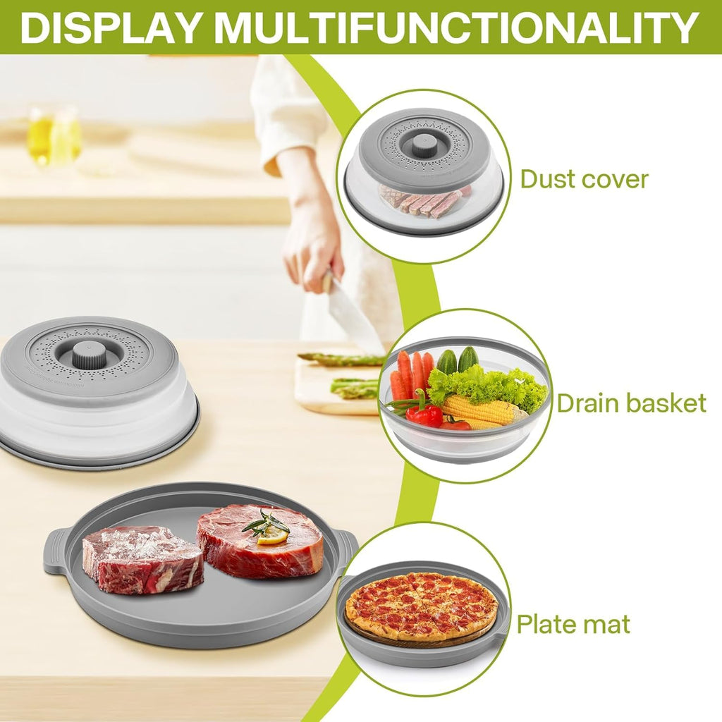 Microwave Splatter Cover for Food with Anti-scald Base Plate,Large Plastic & Silicone Vented Avoid Scalding Collapsible Guard Lid, Plate Holder & Kitchen Colander for Meal Prep-10.7 Inch (2 Pcs BRed)