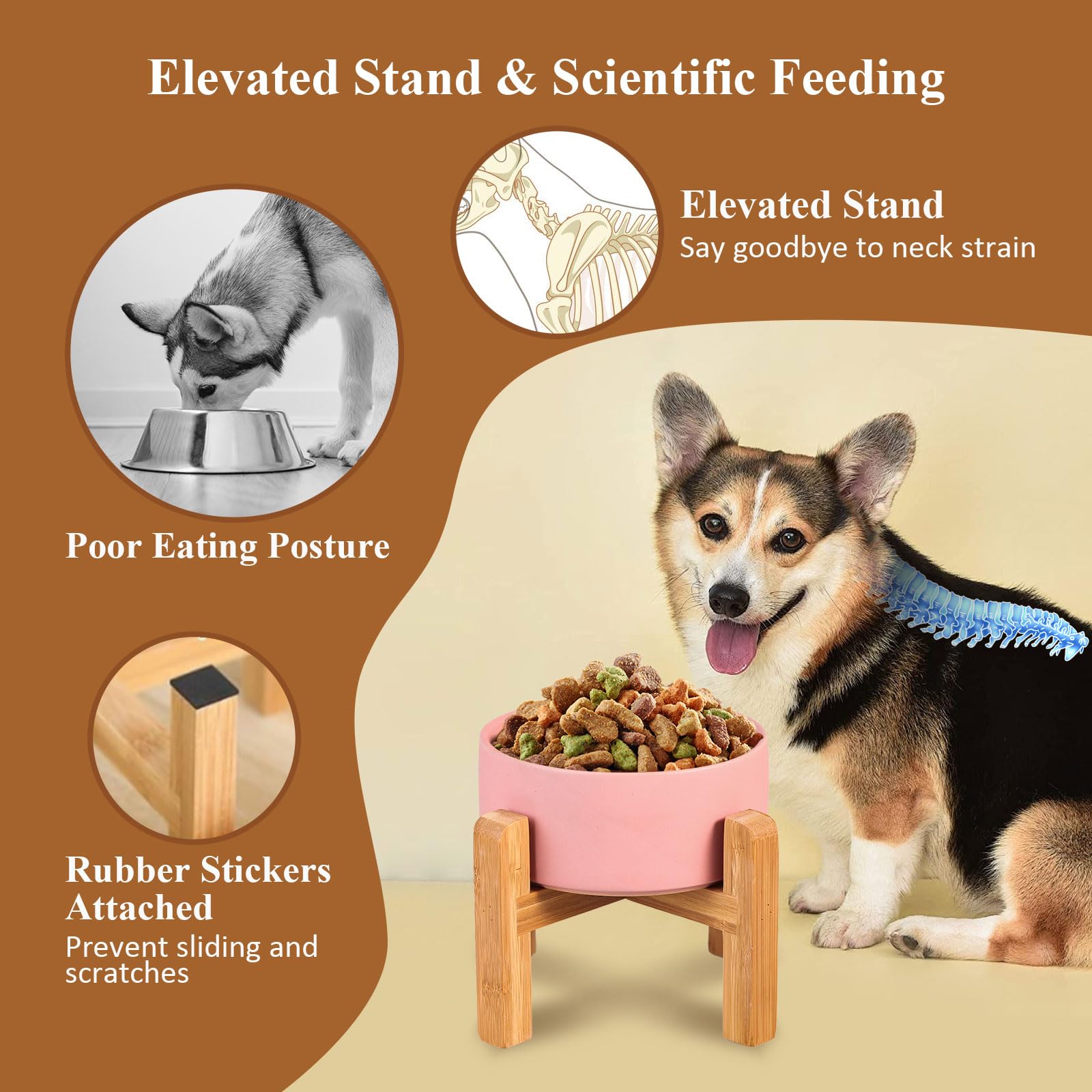 Raised Ceramic Cat Bowl - Cat Food Bowl with Bamboo Stand - Elevated Dog Food Dish for Puppies - Comfort Eating - 13.5 oz - 400 ml - Green