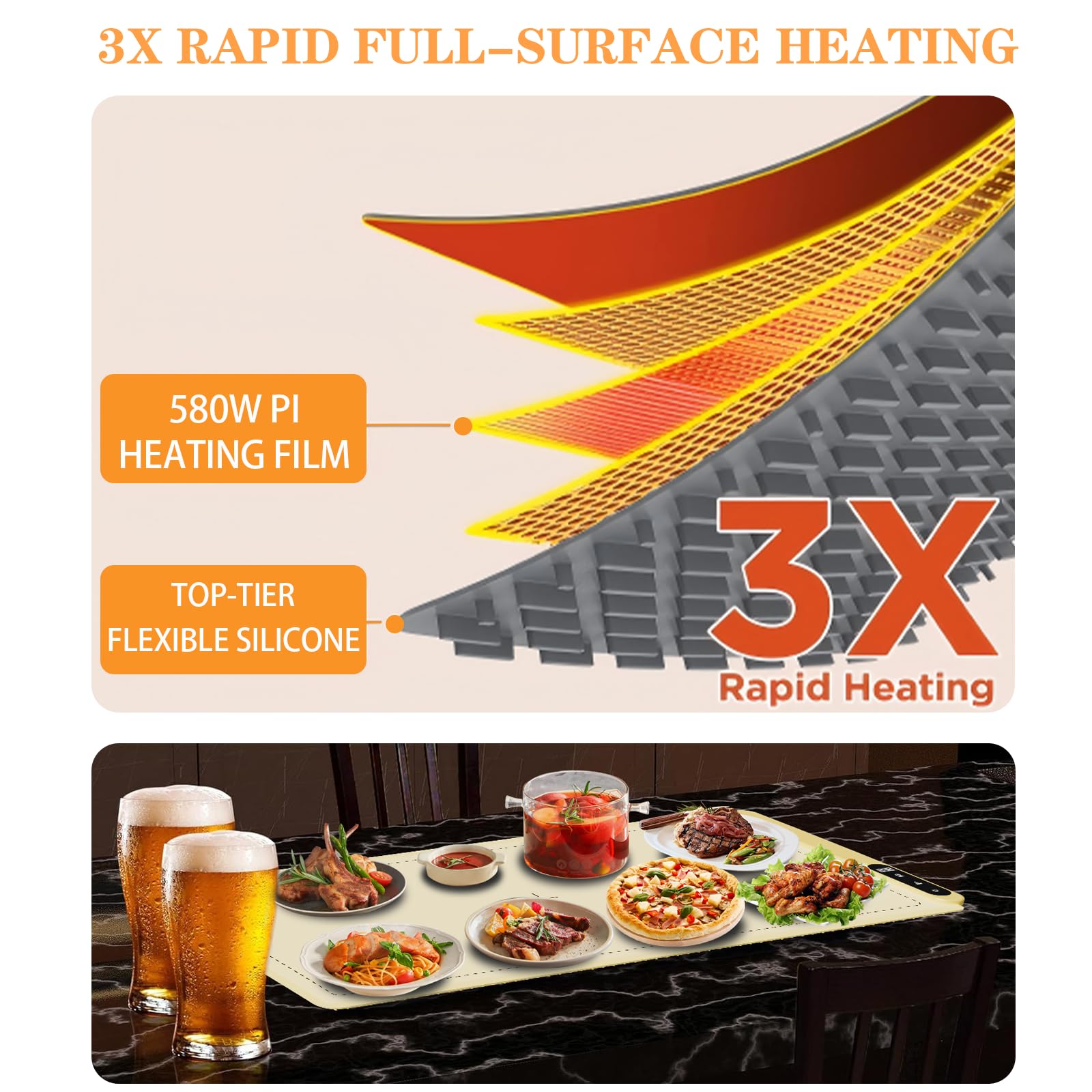 Upgrade Warming Mat for Food with Adjustable Temperature-Portable Electric Warming Tray,Roll Up Silicone Food Warmer for Parties with 3 Temperature Settings,Versatile Food Warmers for Parties Buffet