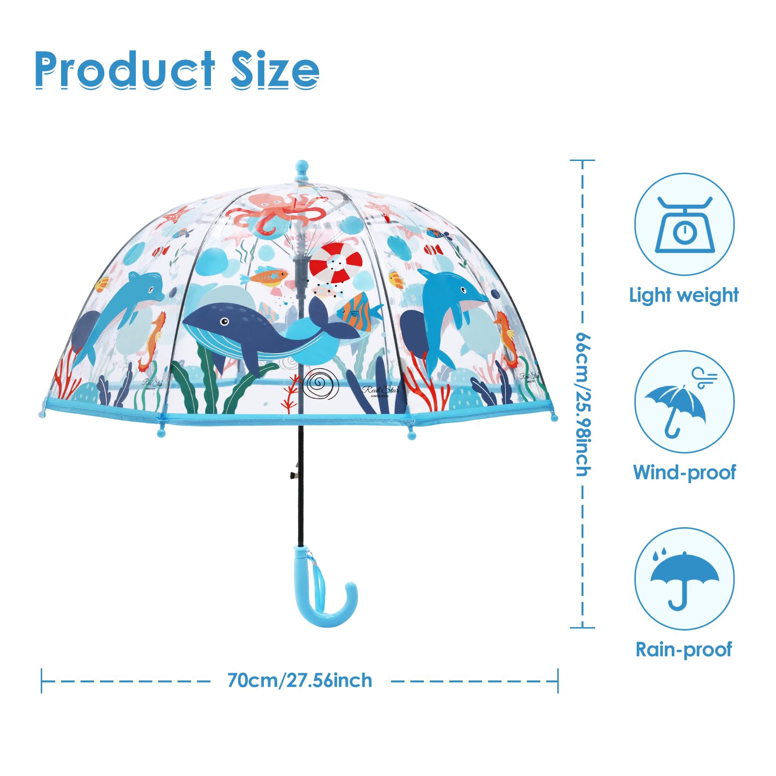 decalsweet Kids Umbrella Clear Bubble Umbrellas for Rain,Transparent Dome Safety Windproof Umbrella with Easy-Grip Hook Handle for Toddler Girls and Boys