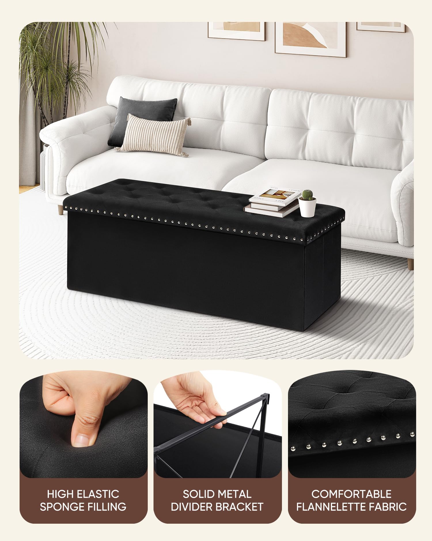 B FSOBEIIALEO Storage-Ottoman Cube-Folding Tufted - Ottomans with Storage, Coffee Table Top Cover, Storage Boxes Footrest Stool for Bedroom, Luxury Velvet Fabric 15.7 Inches Black