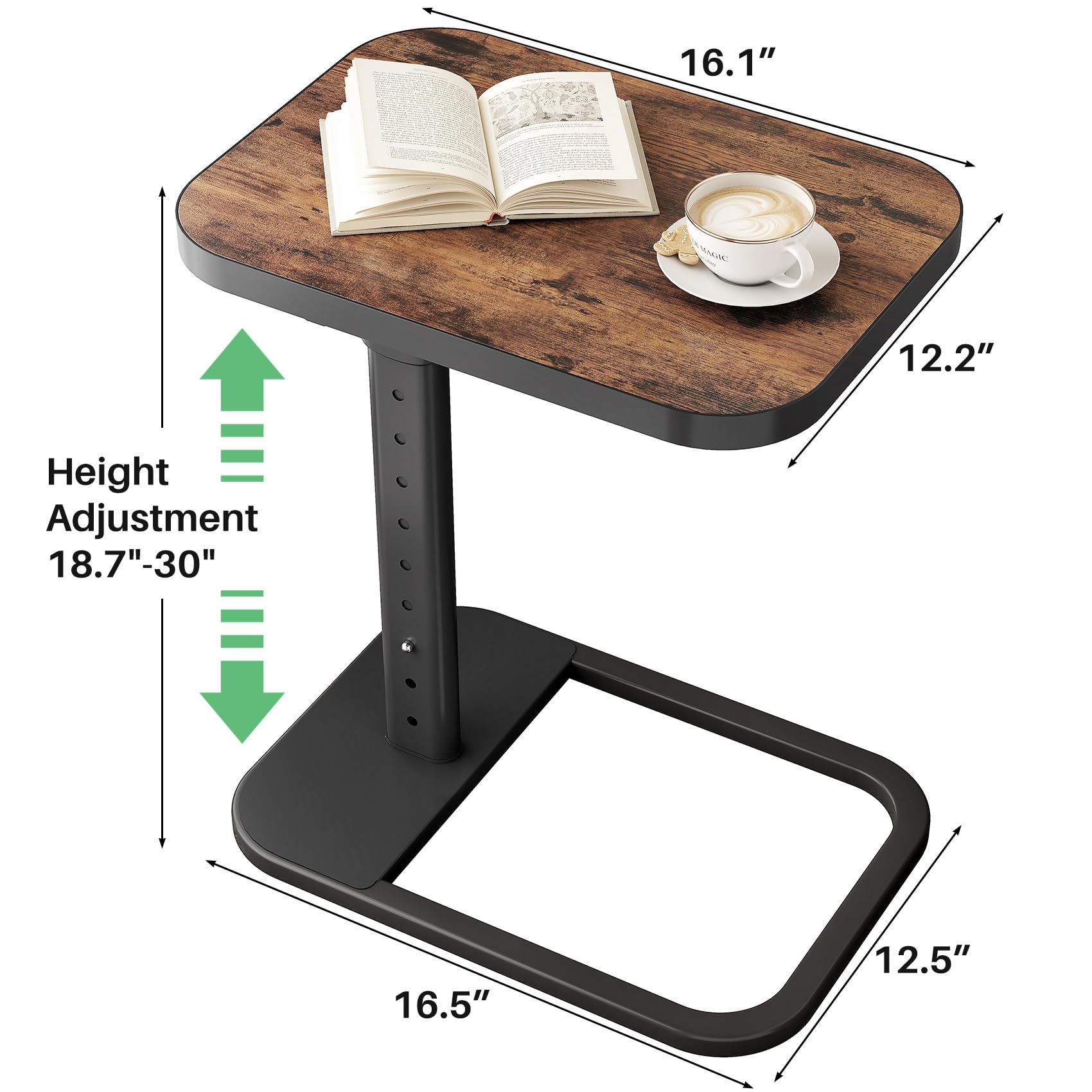 Kitstorack TV Tray Table, Adjustable Height & Rounded Metal Corners, Snack Table for Couch, Sofa, Bed, Chair, Living Room, C Shaped End Side Table for Eating, Dinner or Laptop, Small Spaces, Black
