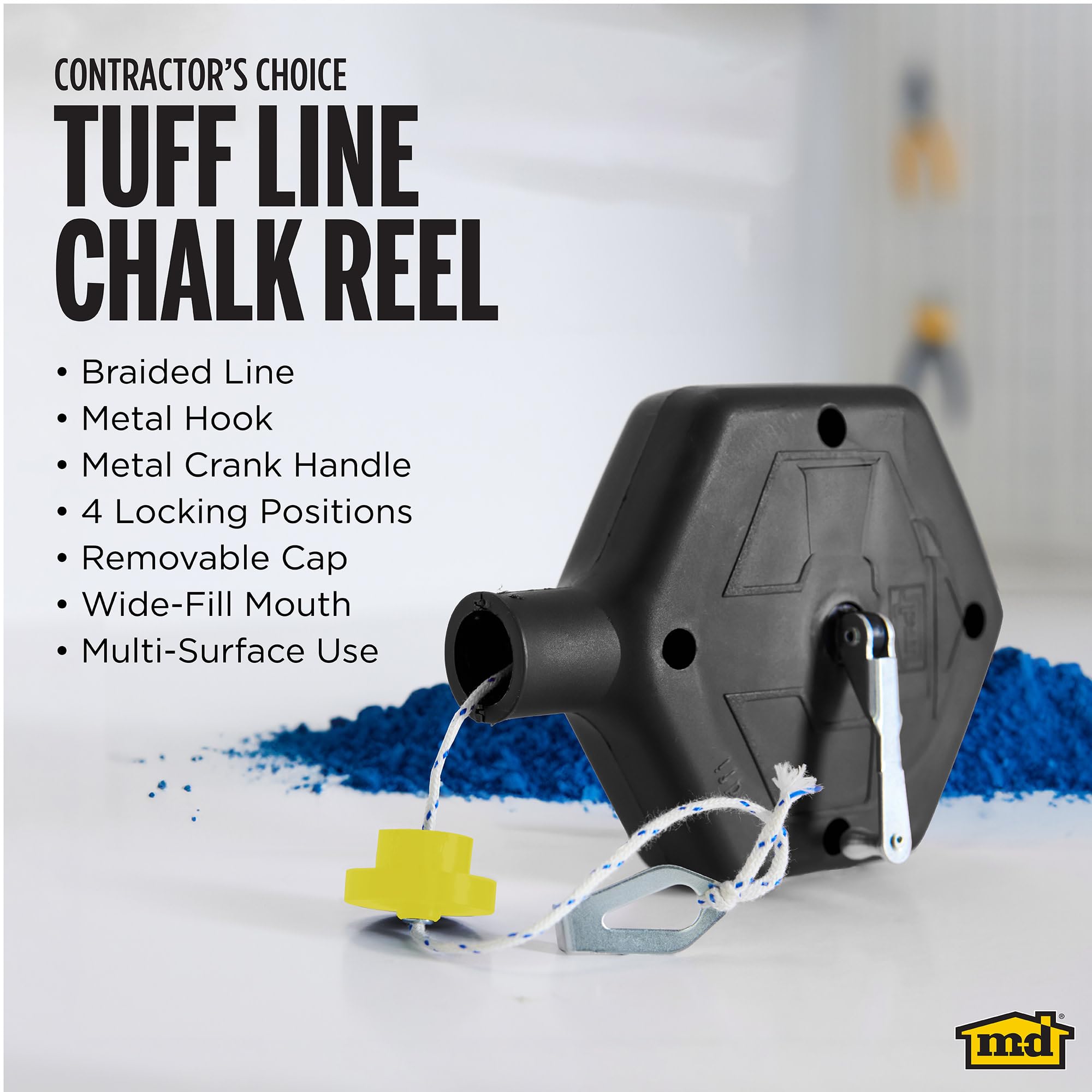 M-D Building Products 00805 ABS Tuff Line™ Contractor Chalk Reel, Durable and Reliable Chalk Line for Precision Marking, Ideal for Construction & Carpentry Projects (0.06 in. x 100 ft, Black)