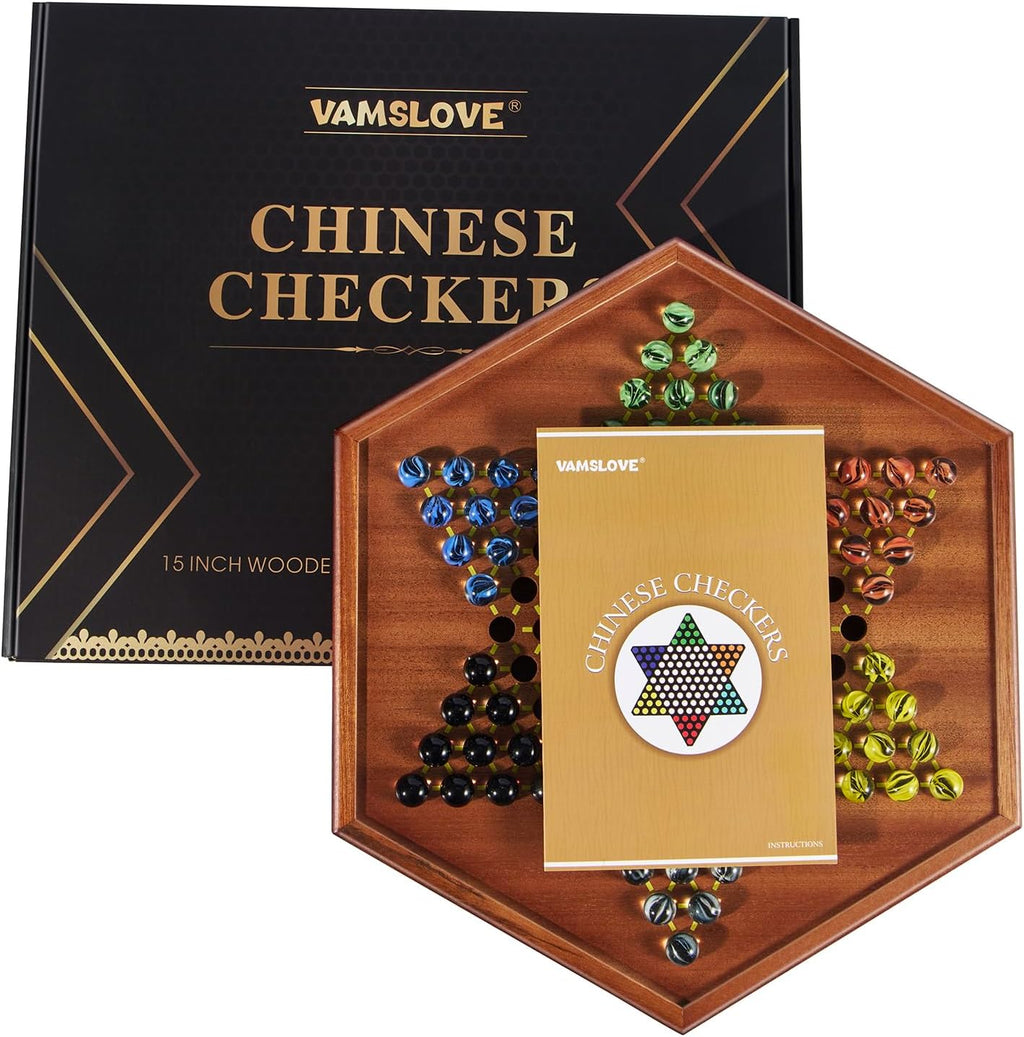 VAMSLOVE Chinese Checkers 15" Large Upgraded Version Wooden Game Board, 16mm 60+12 Colorful Glass Marbles, Easy Grasping for Adults and Kids, w/Storage Drawer, Fun for Family Gathering
