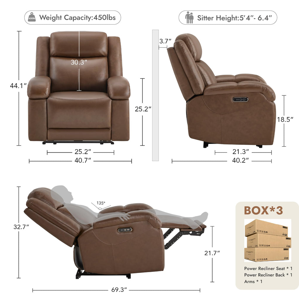 Watson & Whitely Genuine Leather Power Recliner Chairs for Adults, Wall Hugger RV Recliner with Power Headrest & Charging Ports, Electric Recliner Sofa Chair for Living Room, Black