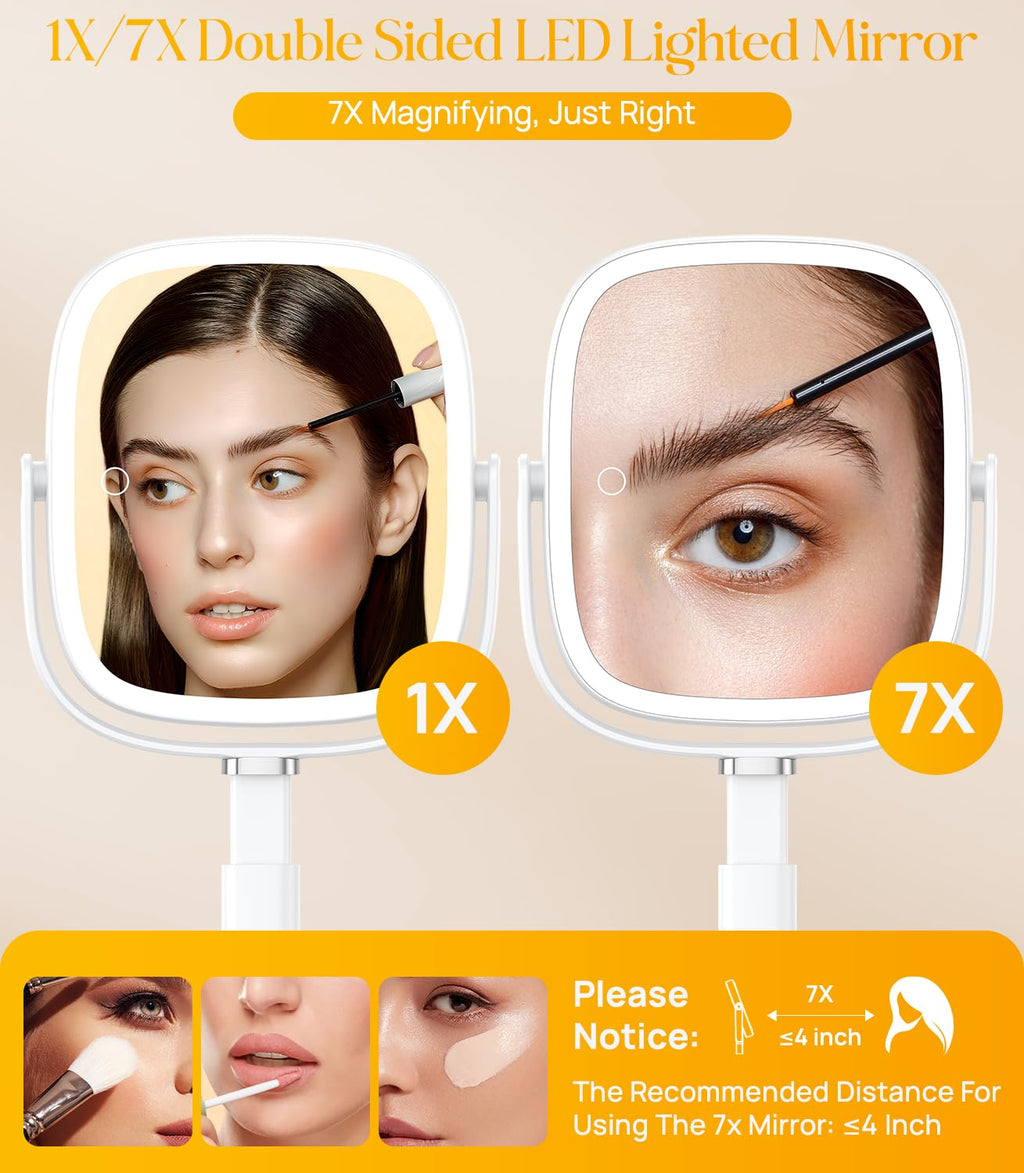 Gospire Rectangle Lighted Makeup Mirror with Lights and 1X/7X Magnifying Mirror, Height Adjustable and 4000mAh Rechargeable for Bedroom, 8.5”x7.4” Large Surface, Stepless Dimming - White