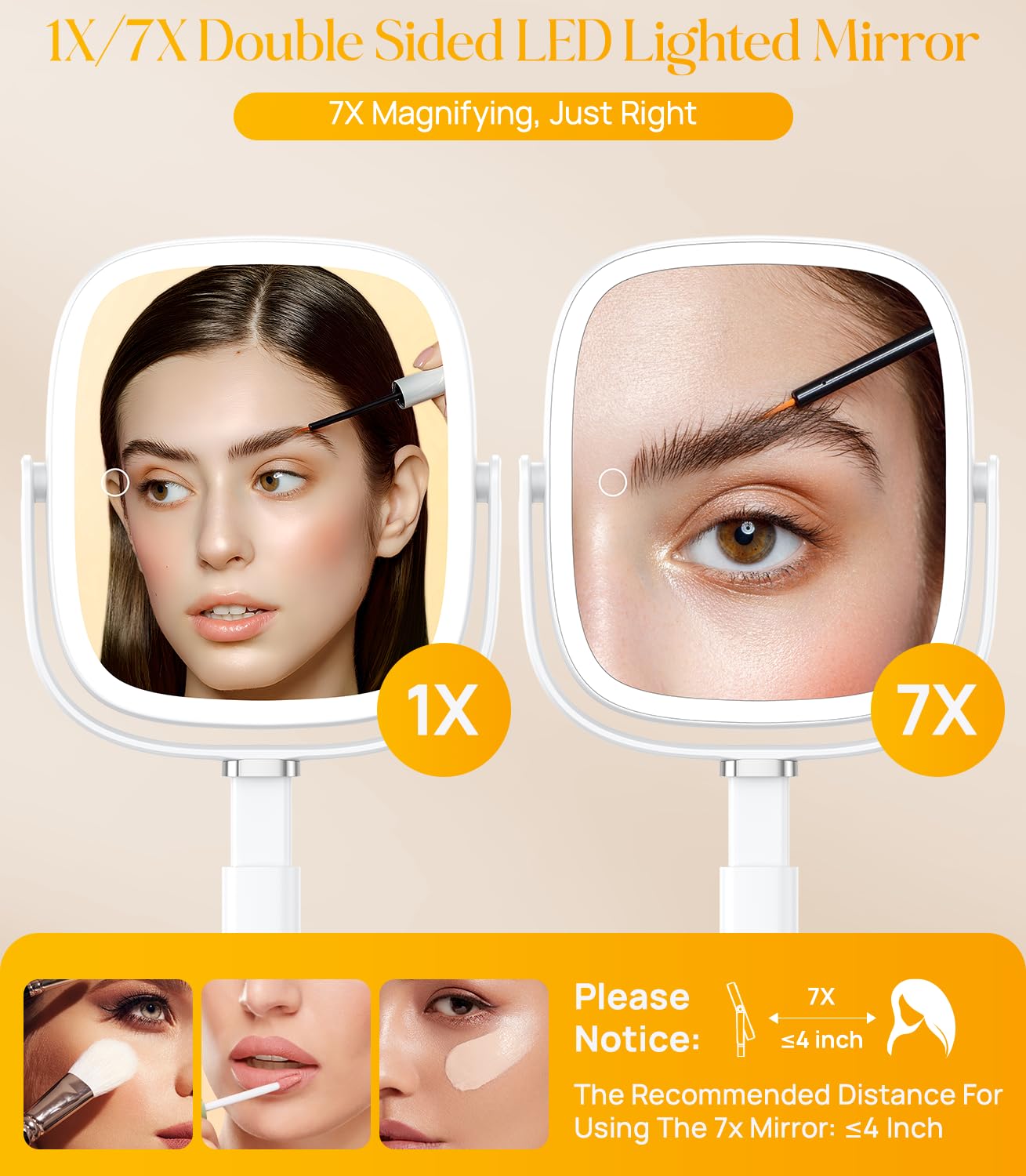 Gospire Rectangle Lighted Makeup Mirror with Lights and 1X/7X Magnifying Mirror, Height Adjustable and 4000mAh Rechargeable for Bedroom, 8.5”x7.4” Large Surface, Stepless Dimming - White