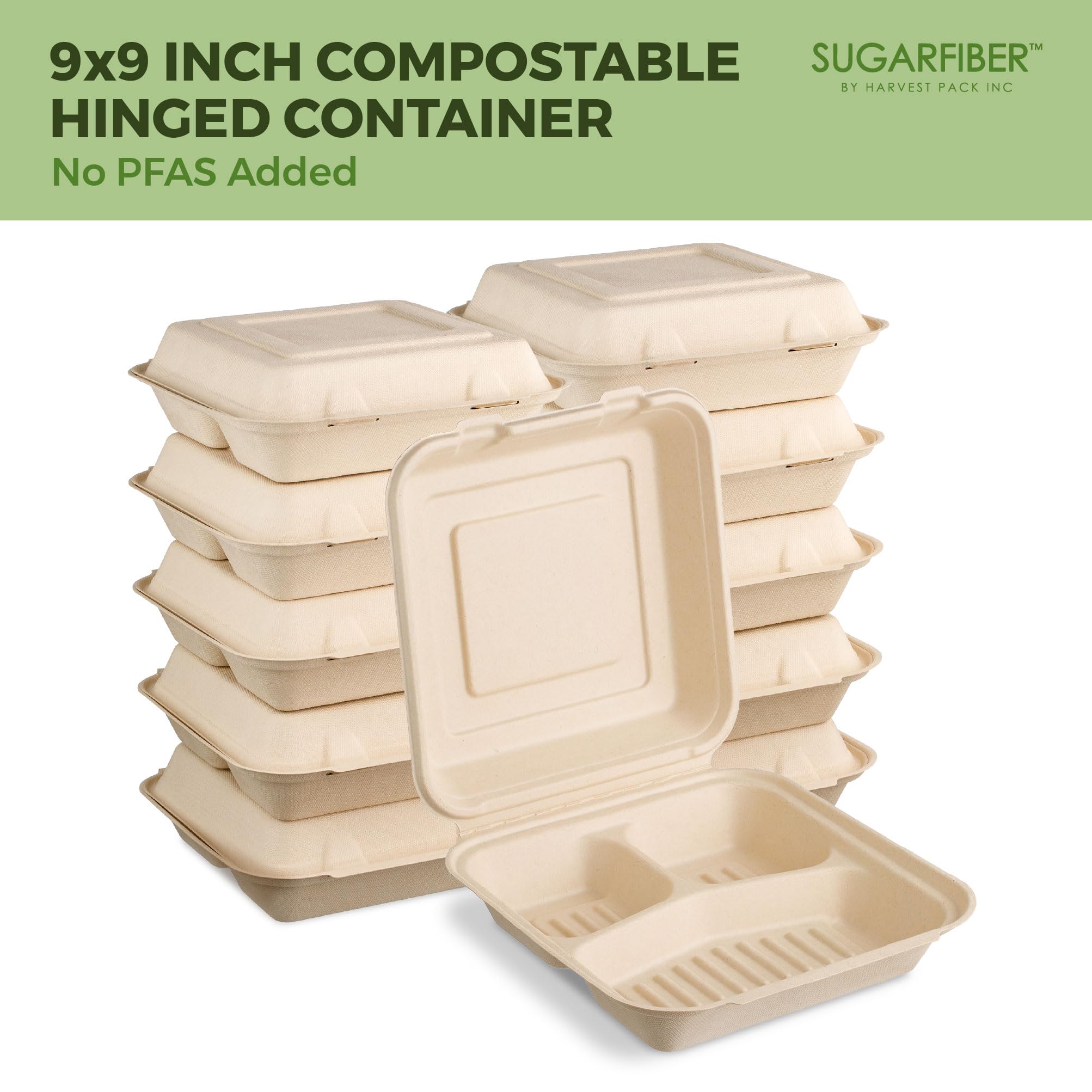 [50 COUNT]Harvest Pack 6 X 6" Compostable Clamshell Take Out Food Containers, PFAS FREE Square To go Containers with Lids, Heavy-Duty Disposable Bagasse Bento Cake Box, Eco-Friendly Sugarcane Fibers