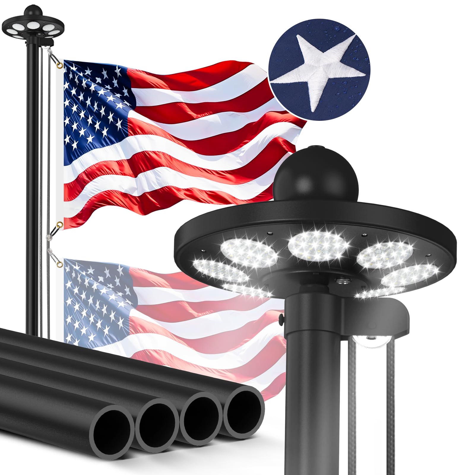 Upgraded 10 Gauge 20FT Heavy Duty Flag Pole Kit with 136 LED Solar Light, Extra Thick Flagpole for Outside House in Ground, Bottom 3 mm Thick & Width 3.35 in, 120MPH Wind Rated