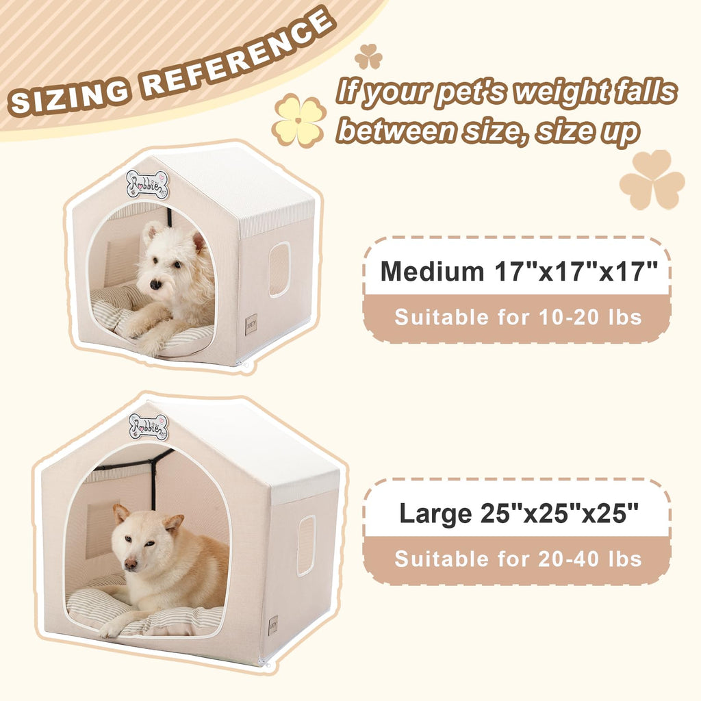 Jiupety Indoor Dog House with Frame, Cute Dog Tent Bed with Cover Cave, Breathable, Washable, and Foldable House, Suitable for 10-20 Lb Puppy and Cats, Medium (17"×17"×17"), Beige