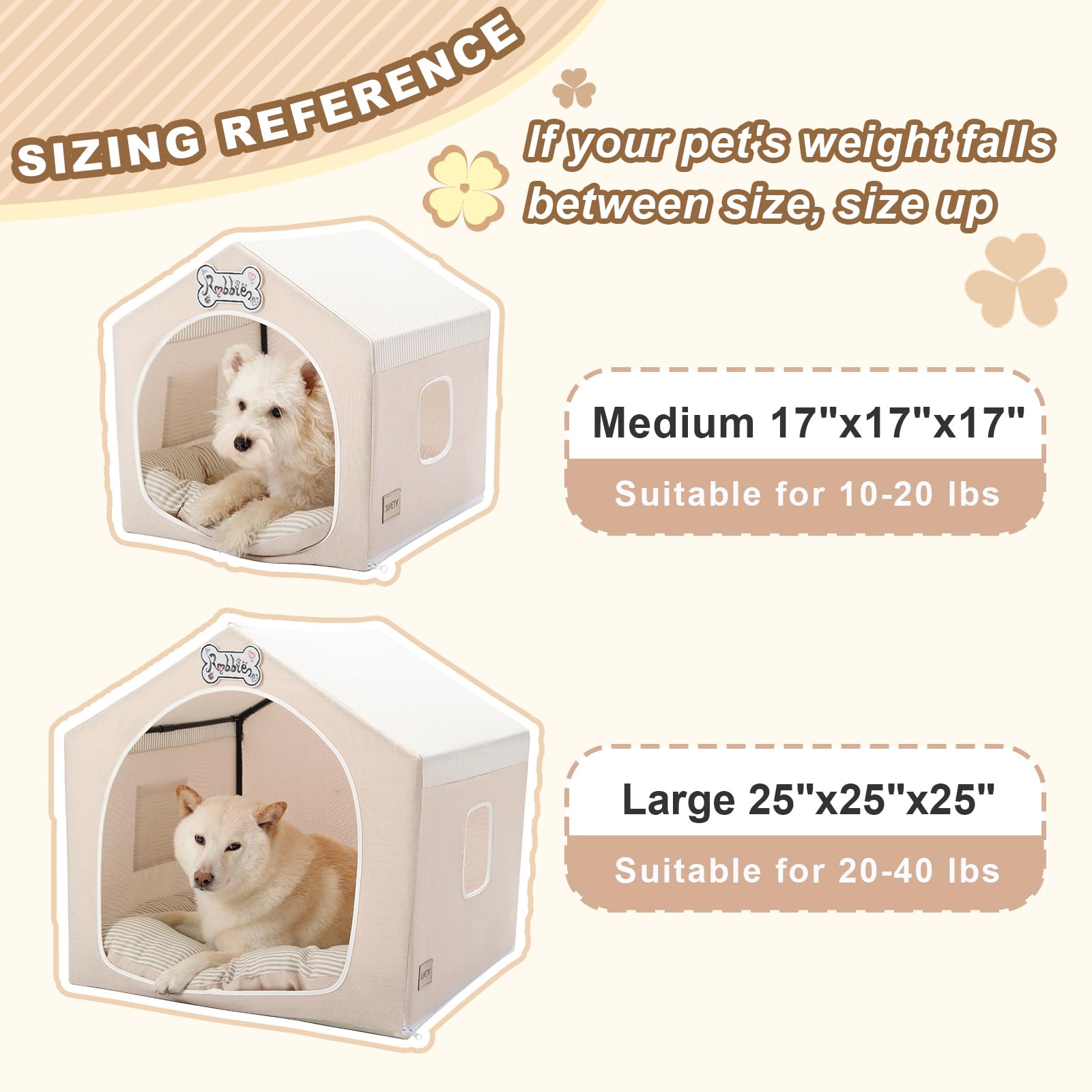 Jiupety Indoor Dog House with Frame, Cute Dog Tent Bed with Cover Cave, Breathable, Washable, and Foldable House, Suitable for 10-20 Lb Puppy and Cats, Medium (17"×17"×17"), Beige