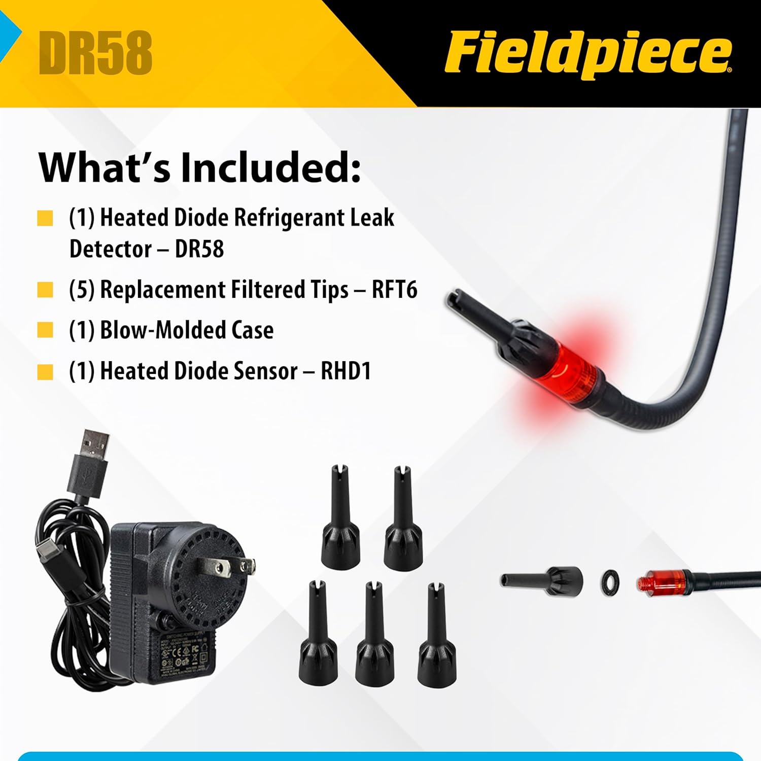 Fieldpiece - DR58 Heated Diode Refrigerant Leak Detector - Ultra-Sensitive Leak Sniffer with Large, Backlite LCD Screen - Lightweight HVAC Tool