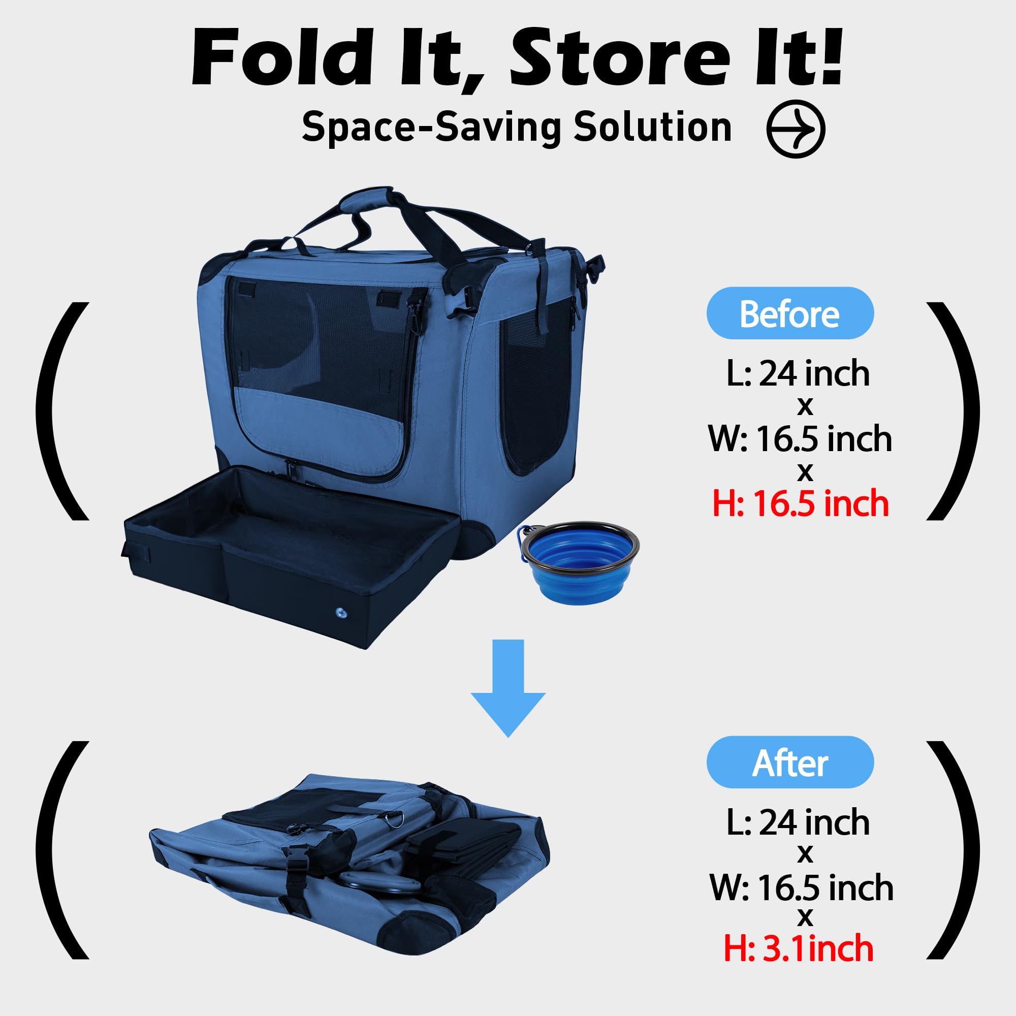 Prutapet Large Cat Carrier 24"x16.5"x16.5" Portable Dog Crate for Small Medium Dogs Collapsible Traveling Pet Crate with Collapsible Bowl