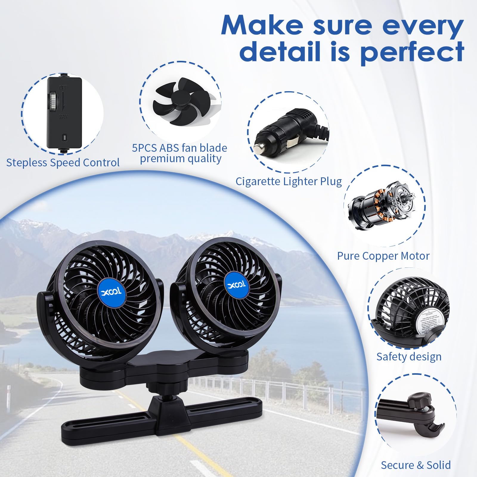 XOOL Clip Car Fan, 9 Inches 12V/24V Fan, 360° Rotatable Electric Cooling Clip on Fan with Stepless Speed Regulation for SUV, RV, Truck