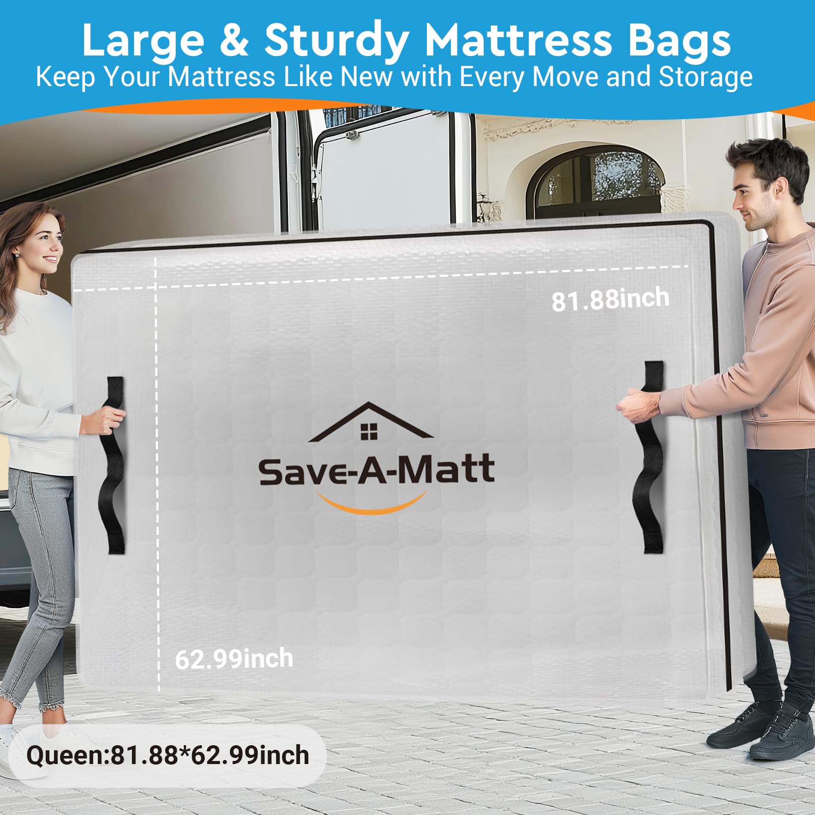 SaveAMatt Mattress Bags for Moving -Extra Thick Queen Mattress Storage Bag, 8 Strong Handles & Reinforced Stitching, Waterproof Reusable Clear Mattress Cover Protector (82’’x63’’x15’’ Queen Size)