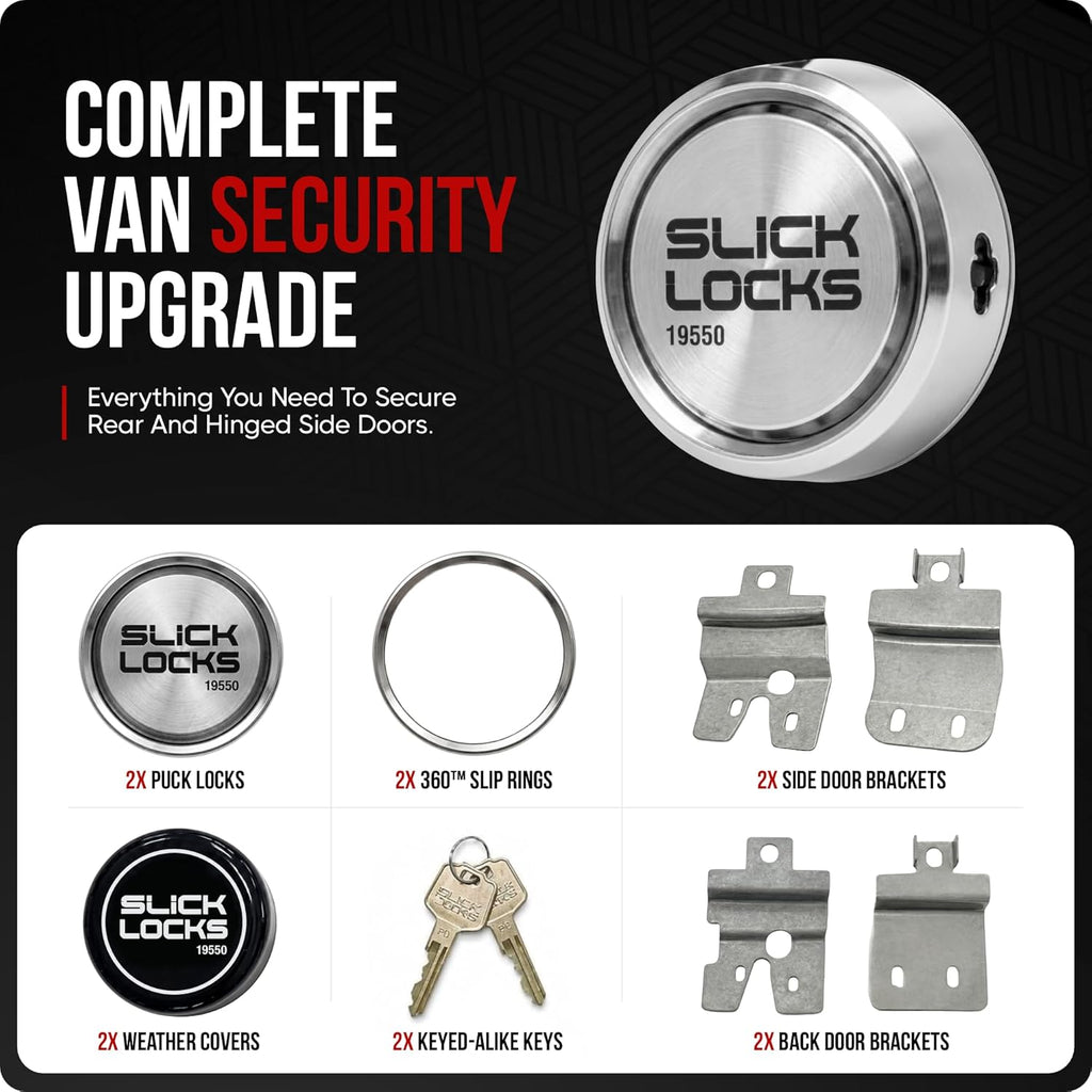 Slick Locks Complete Van Door Security Kit for Chevy & GMC Vans 1997+ | Includes Deadbolt Locks, Spinners & Weather Covers, No-Drill Install, Keyed Alike, USA-Made Stainless Steel