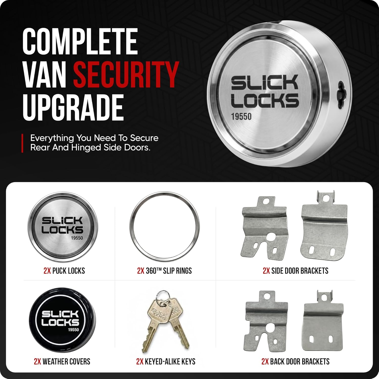 Slick Locks Complete Van Door Security Kit for Chevy & GMC Vans 1997+ | Includes Deadbolt Locks, Spinners & Weather Covers, No-Drill Install, Keyed Alike, USA-Made Stainless Steel