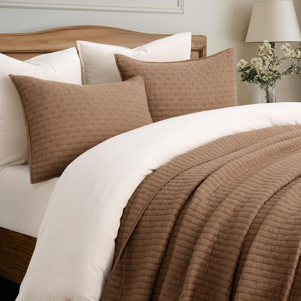 EVERGRACE Cotton Border Frame Tack-Stitch Quilt Bedding Set Queen Size, Coastal Oversized 3 Pieces Lightweight Bedspread Coverlet for All Season, with 2 Matching Shams, Blue Linen