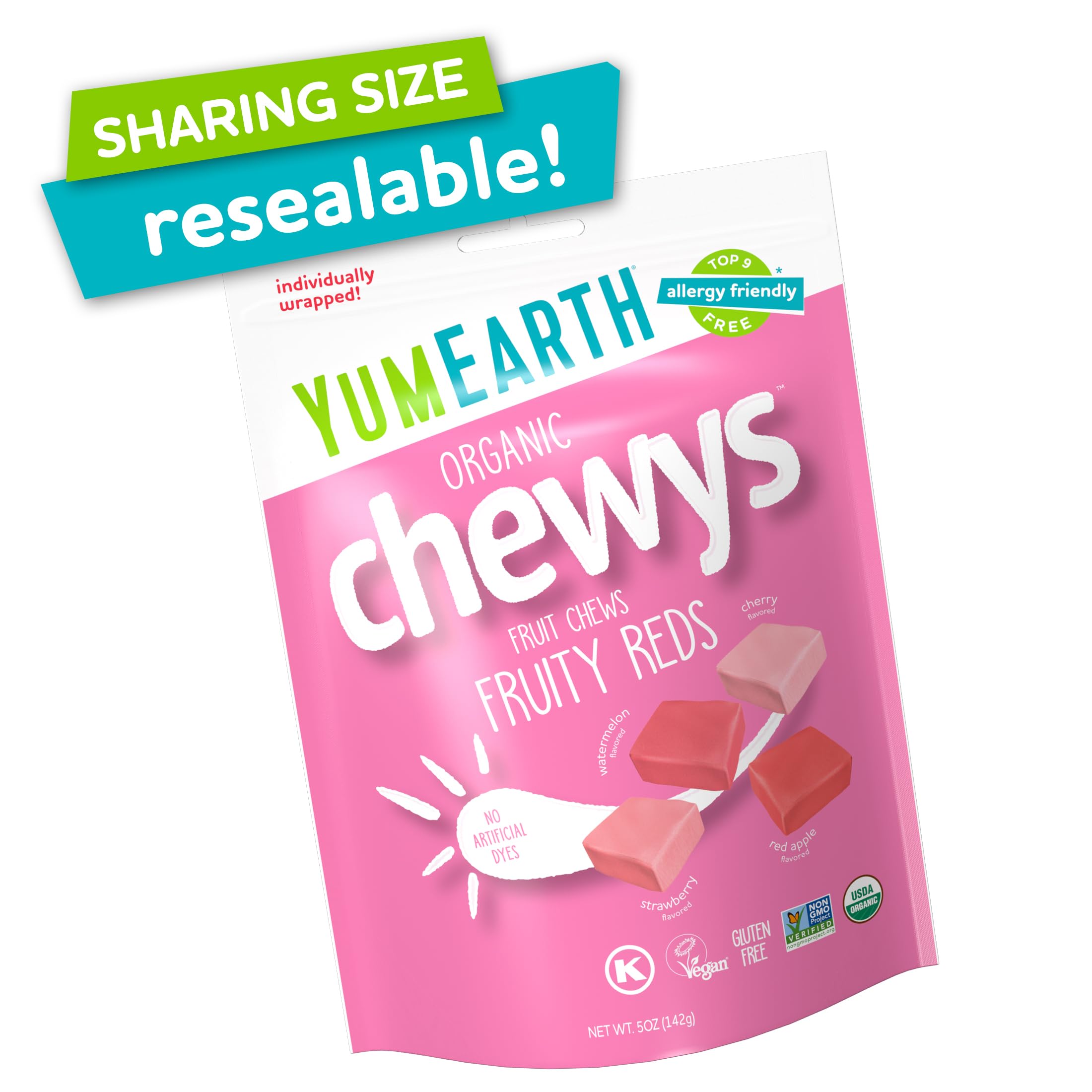 YumEarth Organic Chewys Fruity Reds, 5oz Non GMO, Gluten Free, Vegan, Dye Free Candy - Allergen Friendly