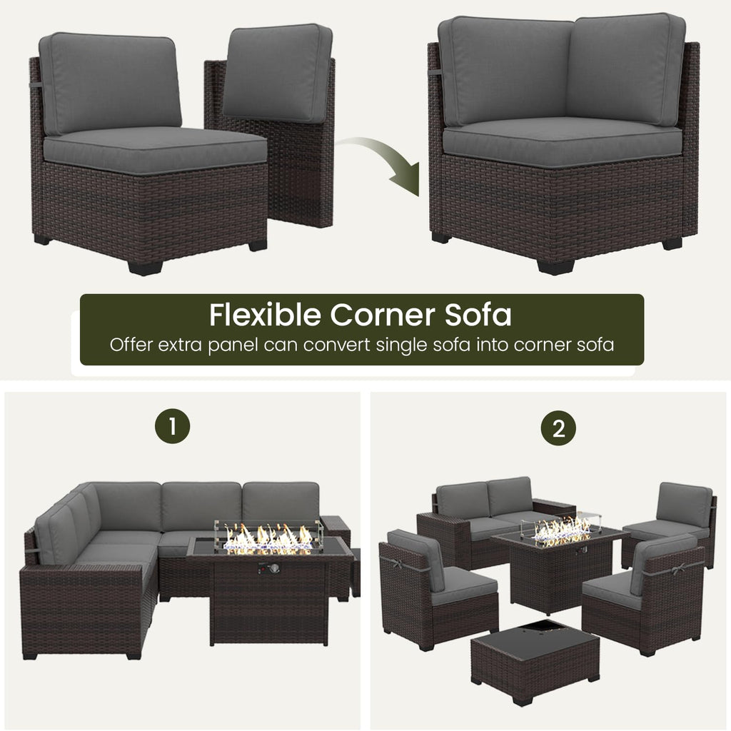LayinSun 7 Pieces Outdoor Patio Furniture Set with 44" Fire Pit Table Rattan Sectional Sofa Conversation Sets