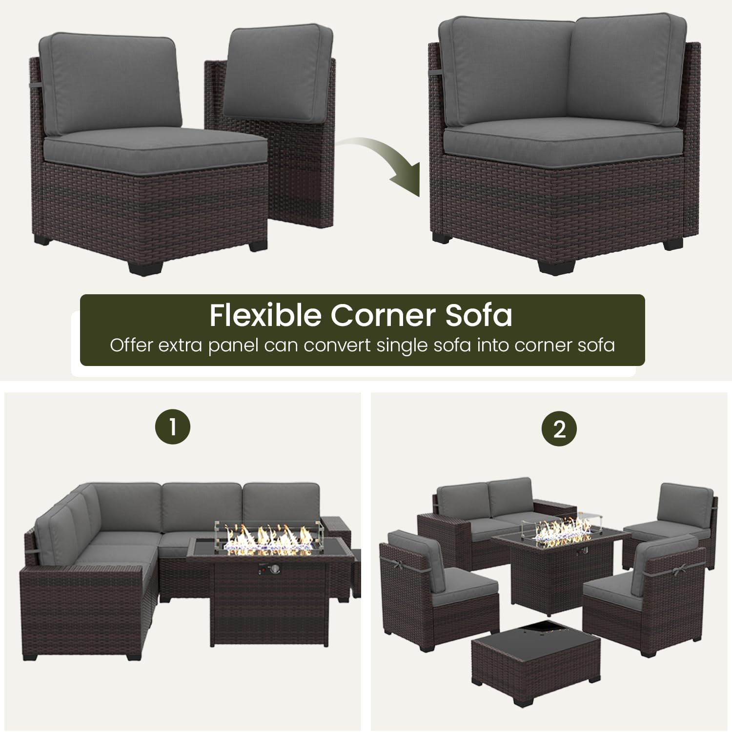 LayinSun 7 Pieces Outdoor Patio Furniture Set with 44" Fire Pit Table Rattan Sectional Sofa Conversation Sets