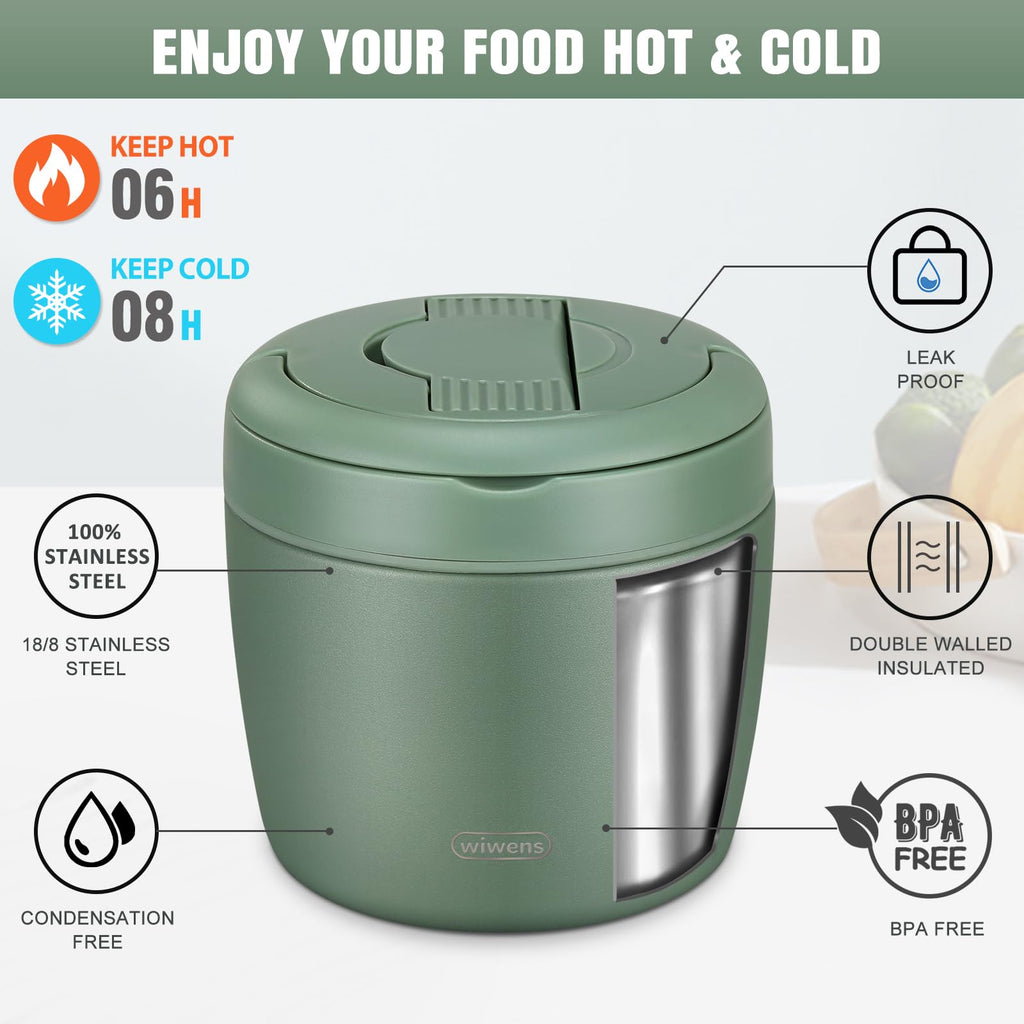wiwens Thermo Food Jar for Hot Food Adults 32OZ Soup Thermo Lunch Containers Wide Mouth Vacuum Insulated Stainless Steel Leakproof Bento Box with Spoon (Beige)