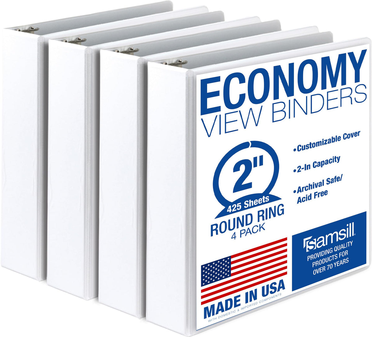 Samsill 1 Inch 3 Ring Binders, Economy Round Ring, Clear View Cover, 200 Sheet Capacity - for School, Home, Office - Blue, 4 Pack