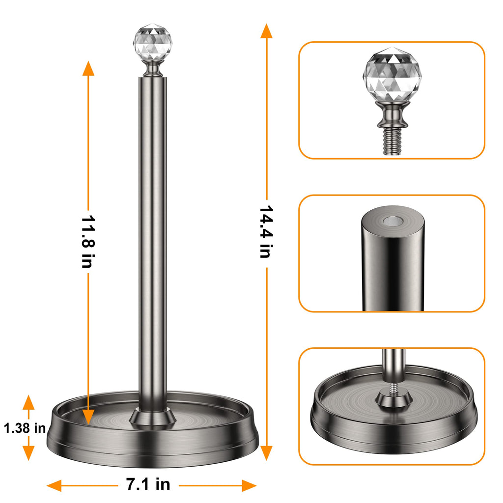 KASUNTO Paper Towel Holder with Crystal Ball - Steel Countertop Stand, Fits Standard & Jumbo Rolls, Brushed Nickel