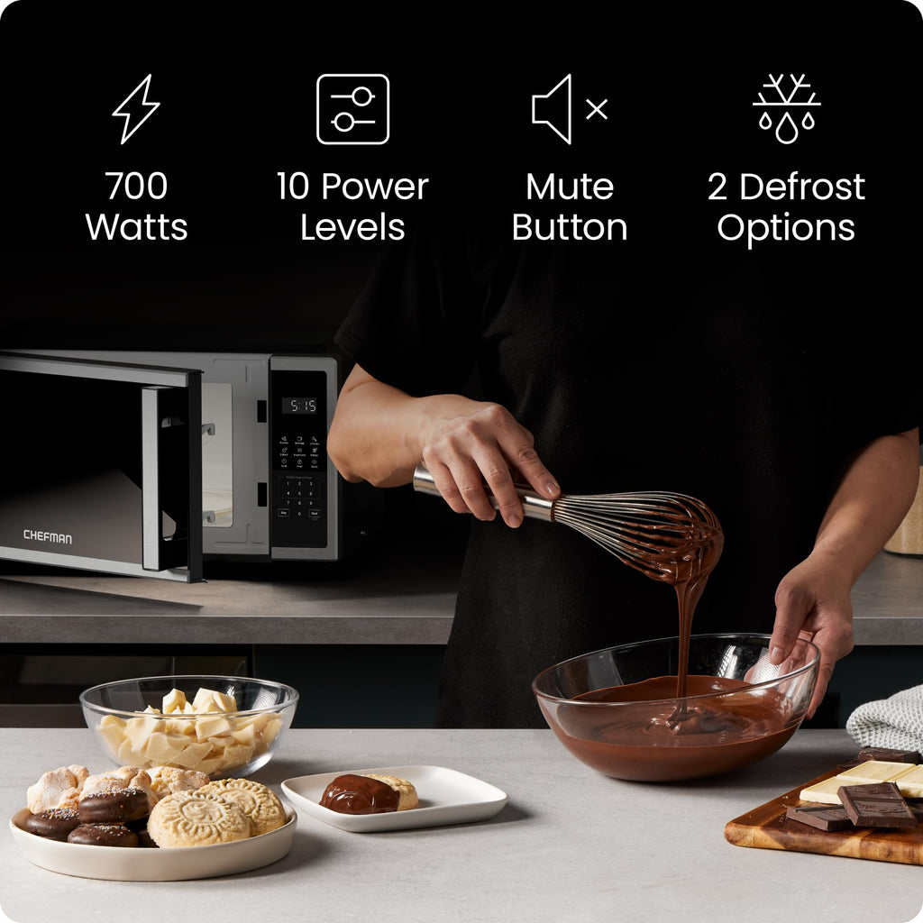 Chefman Compact Countertop Microwave Oven 0.7 Cu. Ft., 700W with 10 Power Levels, 3 Cooking Presets with One-Touch Express Cook, 2 Defrost Settings, Child Safety Lock, & Mute Button – Stainless Steel