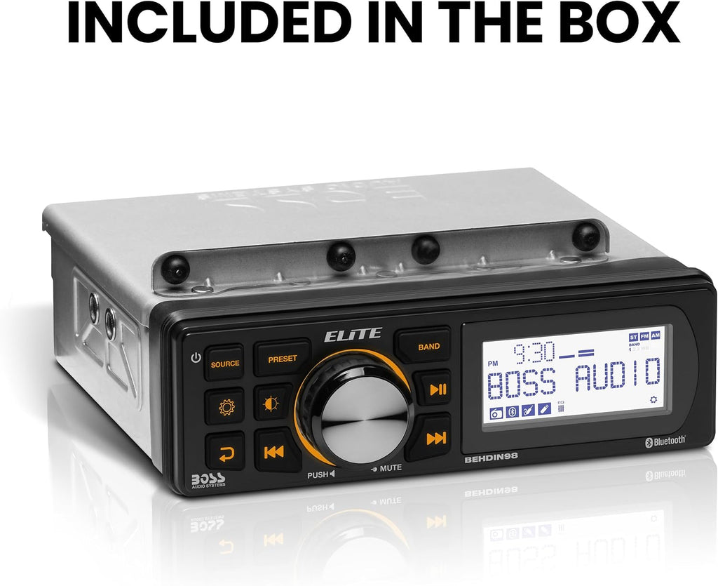 BOSS Audio Systems BEHDIN98 Harley Davidson Amplified Bluetooth Receiver – Directly Fits 1998-2013 Electra Glide & Road Glide, 3” Monochrome LCD, IPX6 Weatherproof Panel & IPX4 Chassis