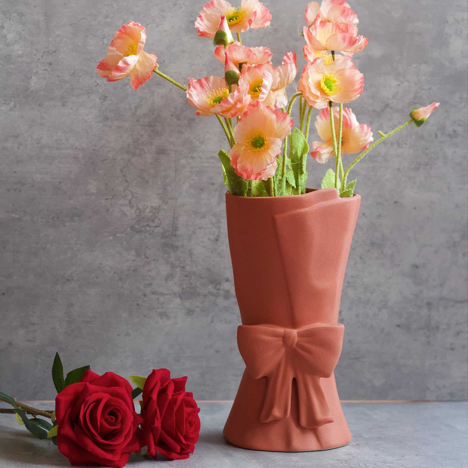 Relexome Beige Ceramic Bow Vase 9.64 in Unique Cute Modern Decorative Bouquet Flower Vases for Home Living Room Table Decor Women Girl Gifts