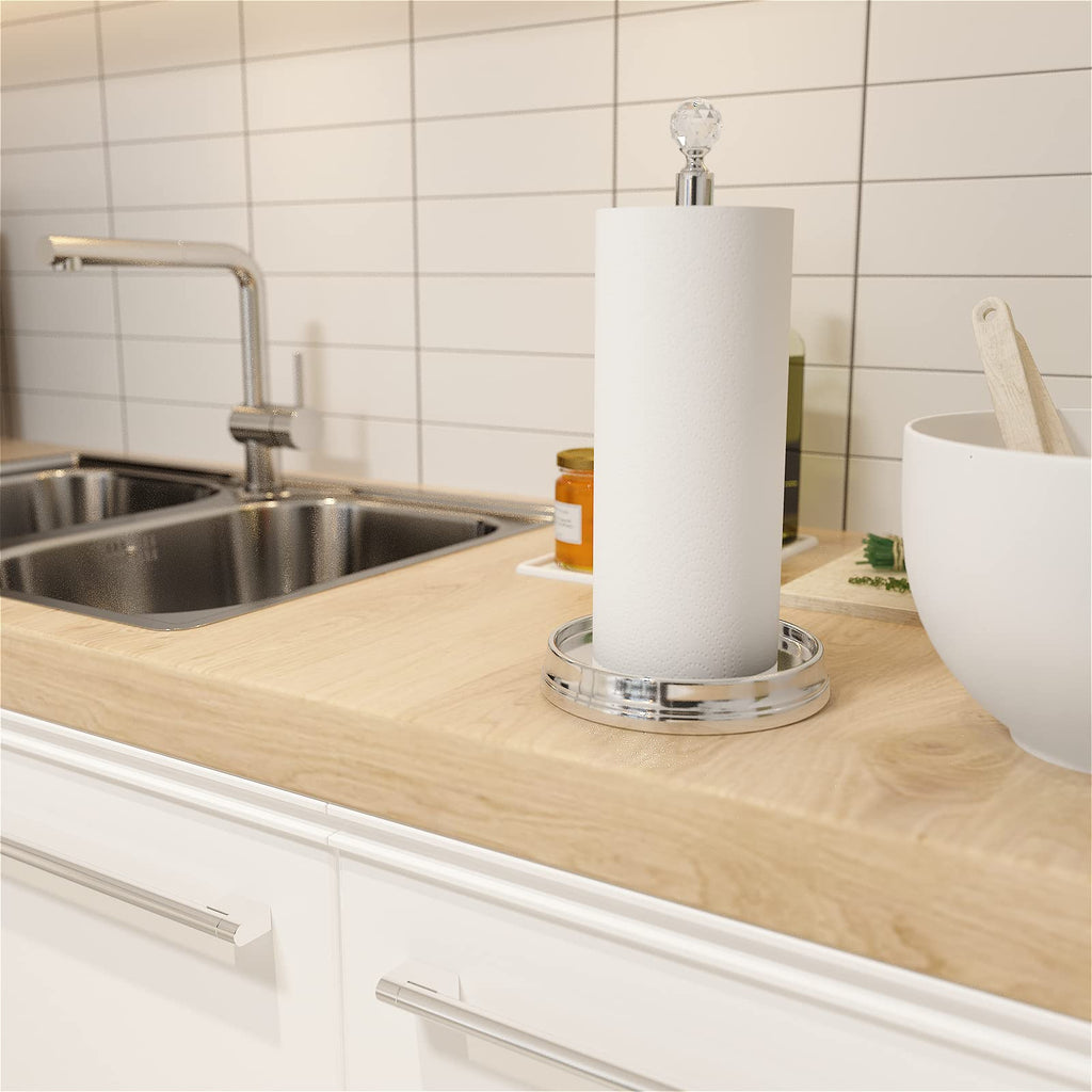 KASUNTO Paper Towel Holder with Crystal Ball - Steel Countertop Stand, Fits Standard & Jumbo Rolls, Brushed Nickel