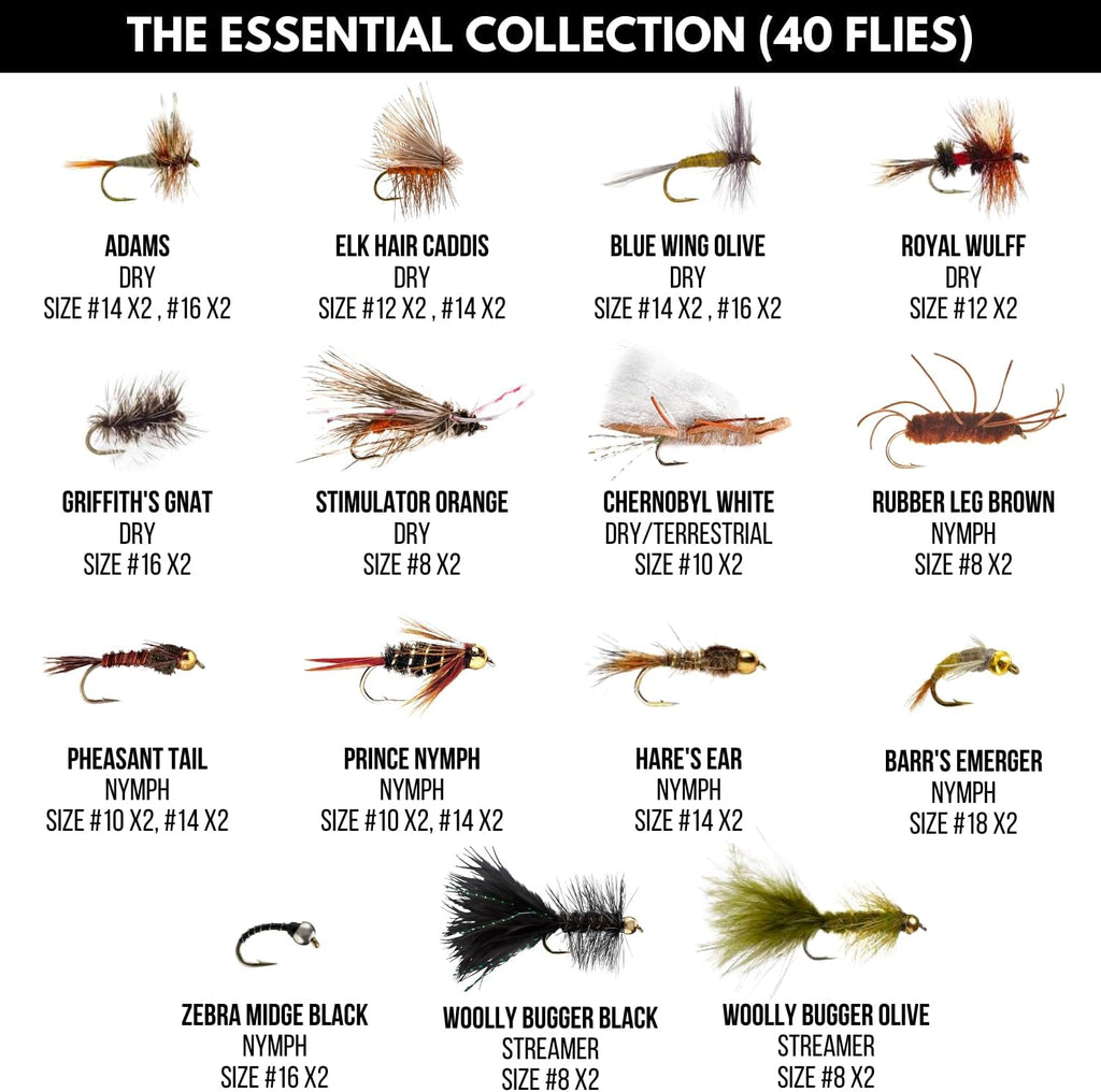 Ventures Fly Co. | 40 Premium Hand Tied Fly Fishing Flies Assortment | Fly Box Included | Dry, Wet, Nymphs, Streamers, Wooly Buggers, Terrestrials | Trout, Bass Lure Set, Kit