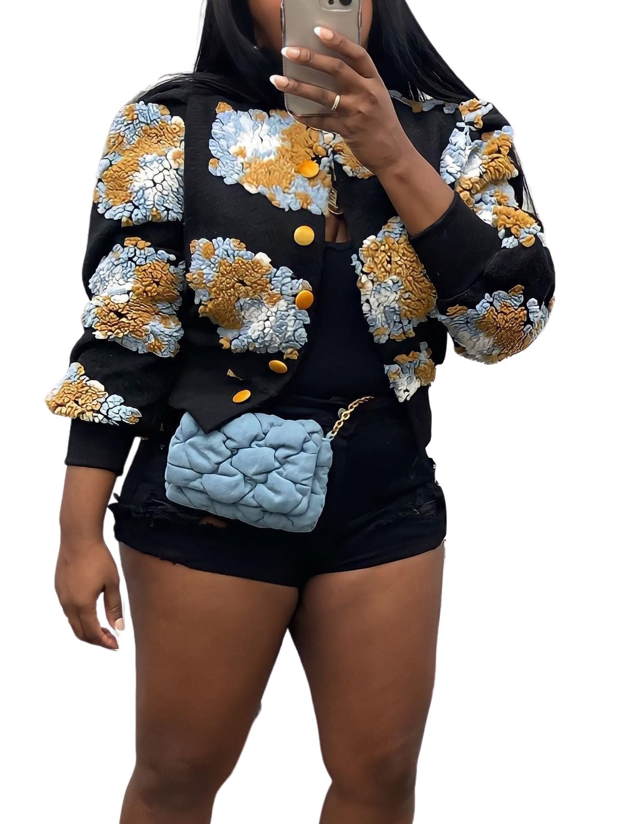 Womens Cropped Floral Print Jacket Warm Fleece Bomber Jacket Casual Button Down Coats Fall Puff Outerwears