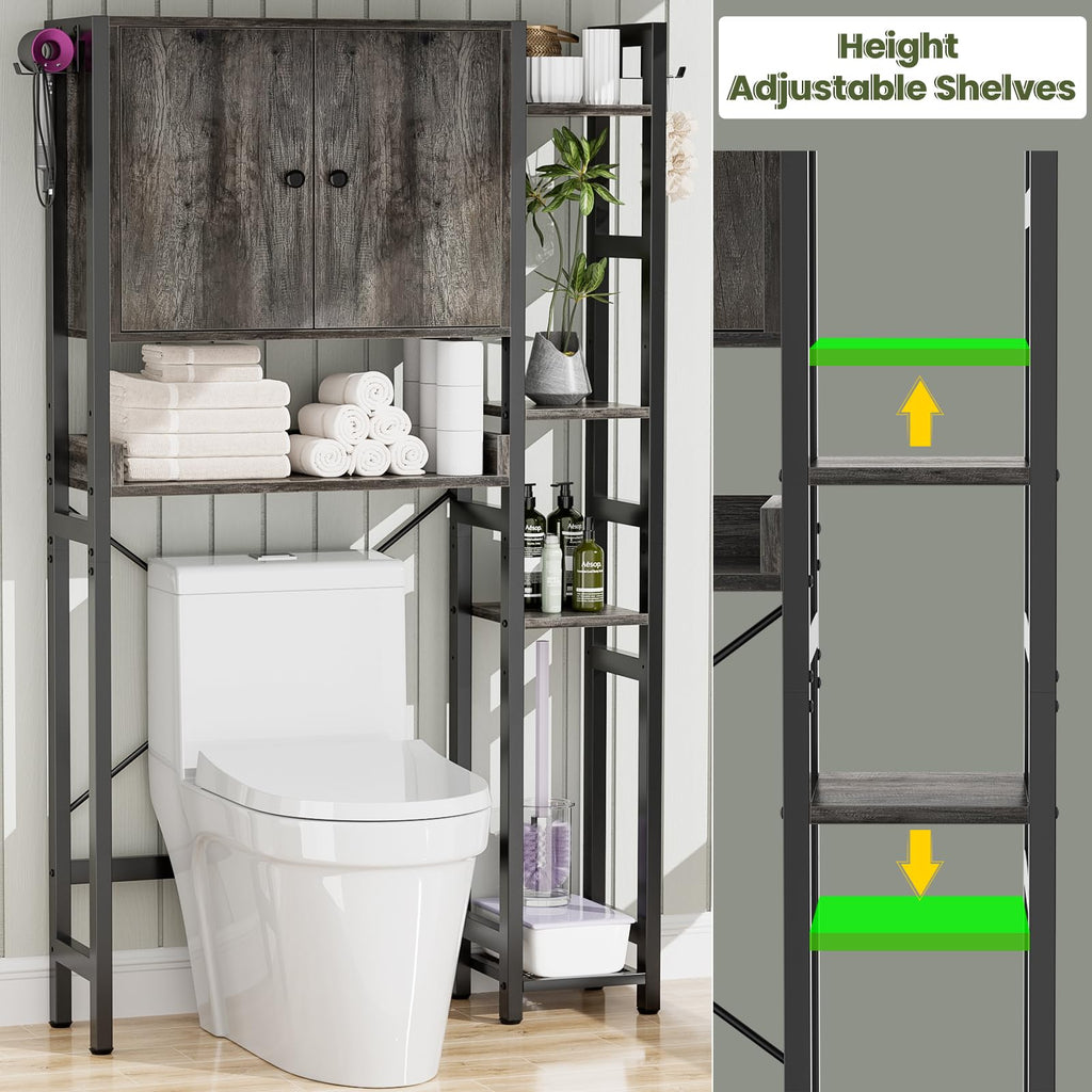 Over The Toilet Storage Cabinet with Doors - 7 Tier Bathroom Organizer with Adjustable Shelf, Freestanding Space Saver Rack Above Toilet Stand with 4 Hooks for Bathroom, Restroom, Laundry, Black