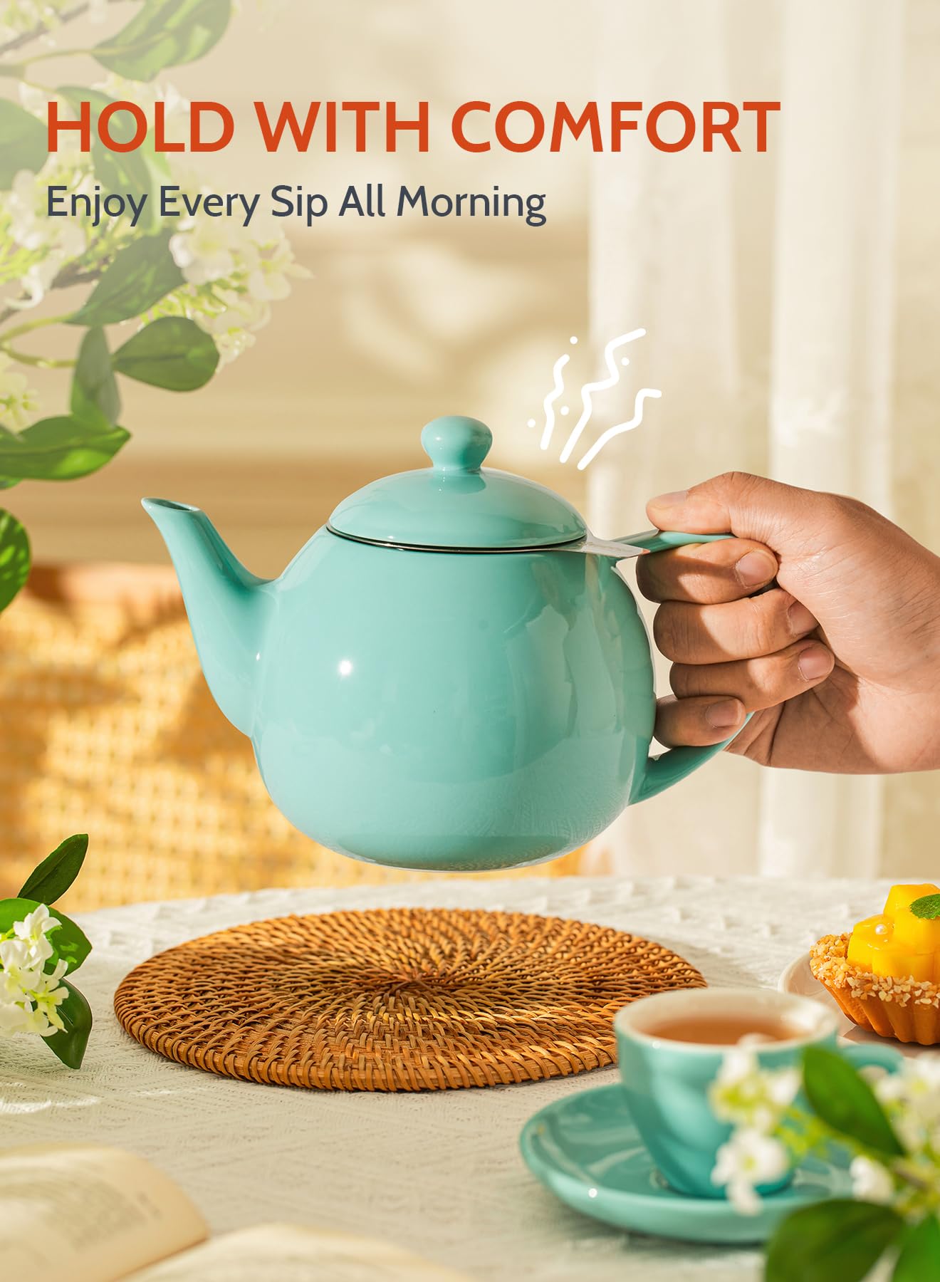 Sweese Porcelain Teapot 27 oz with Infuser for Loose Leaf Tea, Bluish Grey