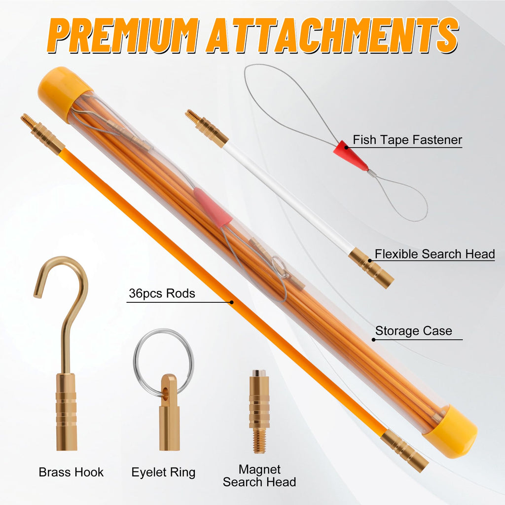 KOOTANS 11FT Fiberglass Running Electrical Wire Cable Glow Rods Wire Pulling Tools Fish Tape Cable Puller Through Wall Snake Fish Rods Kit with Different Attachments