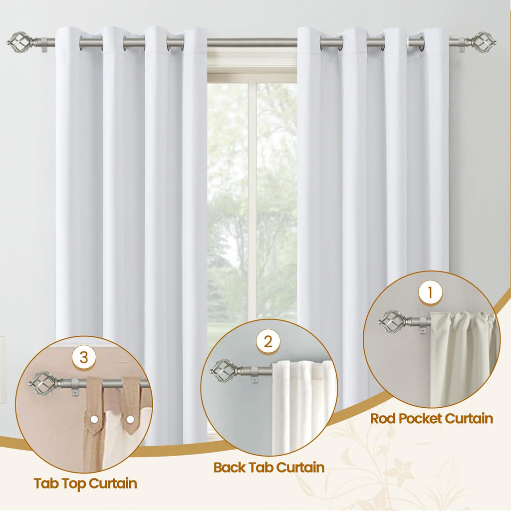 KAMANINA Silver Curtain Rod 32 to 58 Inch(2.6-4.8ft), Adjustable Curtain Rods for Windows 28 to 48 Inch, 3/4 Inch Splicing Drapery Rods with Twisted Cage Finial