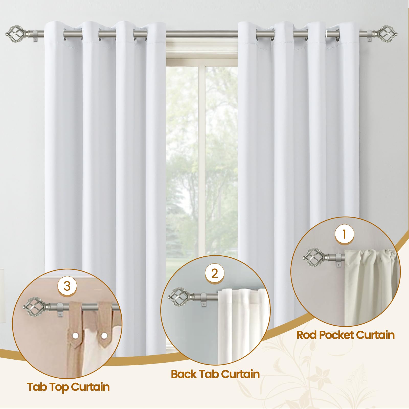 KAMANINA Silver Curtain Rod 32 to 58 Inch(2.6-4.8ft), Adjustable Curtain Rods for Windows 28 to 48 Inch, 3/4 Inch Splicing Drapery Rods with Twisted Cage Finial