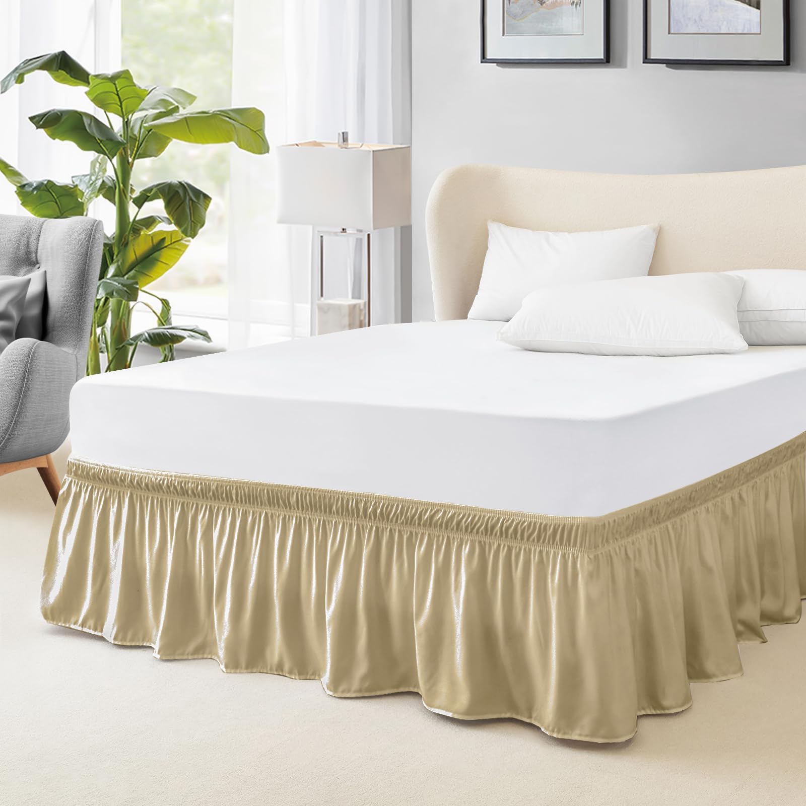 FreshCulture Twin Bed Skirt, Elastic Wrap Around Bed Skirt Twin Bed, Easy Fit with 15-Inch Tailored Drop, Hotel Quality Bed Skirts for Adjustable Bed (Beige)